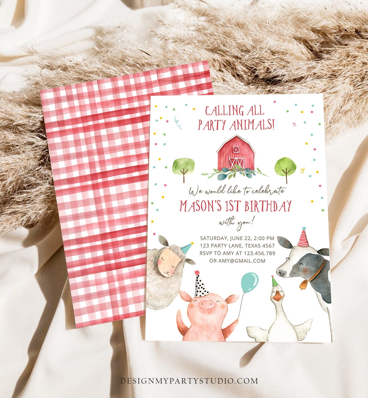 Editable Farm Animals Birthday Invitation Boy Farm Barnyard First Birthday Party Animals Confetti Download Corjl Template Printable 0155