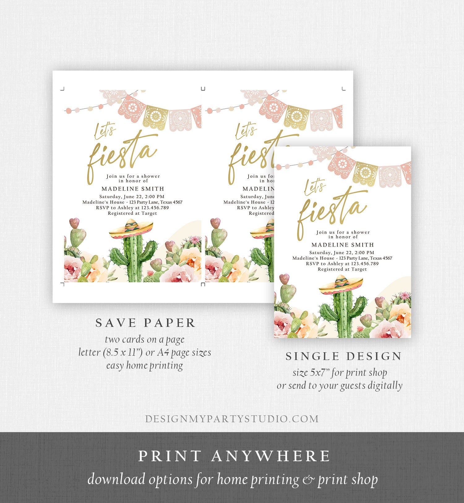 Editable Fiesta Bridal Shower Invitation Couples Shower Mexican Cactus Succulent Boho Desert Floral Printable Invitation Template Corjl 0419