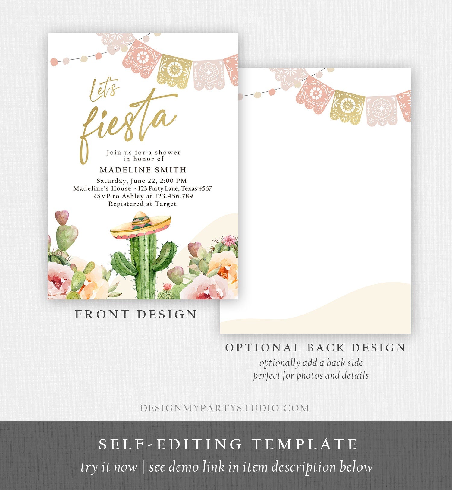 Editable Fiesta Bridal Shower Invitation Couples Shower Mexican Cactus Succulent Boho Desert Floral Printable Invitation Template Corjl 0419