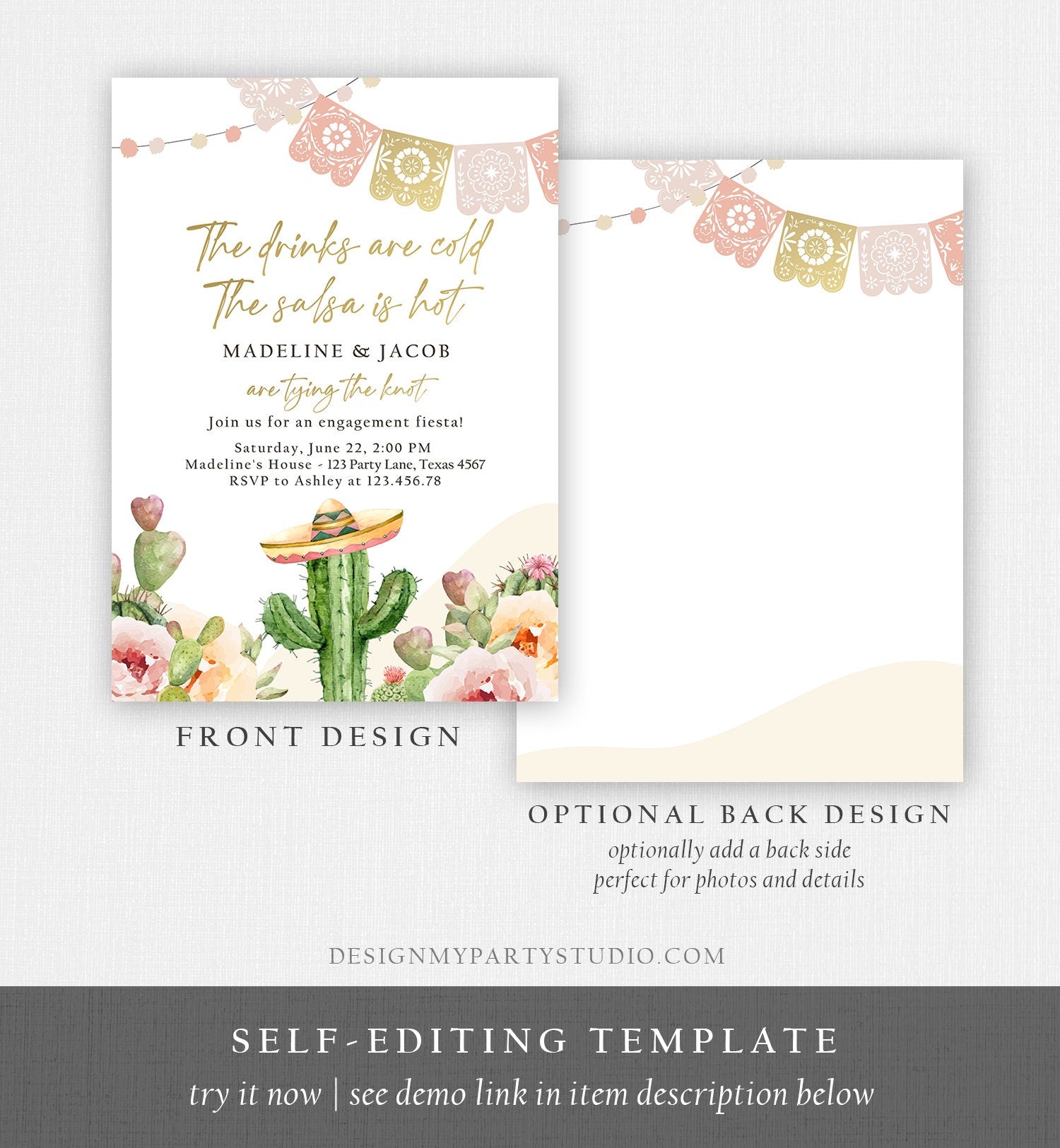 Editable Fiesta Engagement Invitation Couples Shower Bridal Mexican Cactus Succulent Desert Floral Printable Invitation Template Corjl 0419