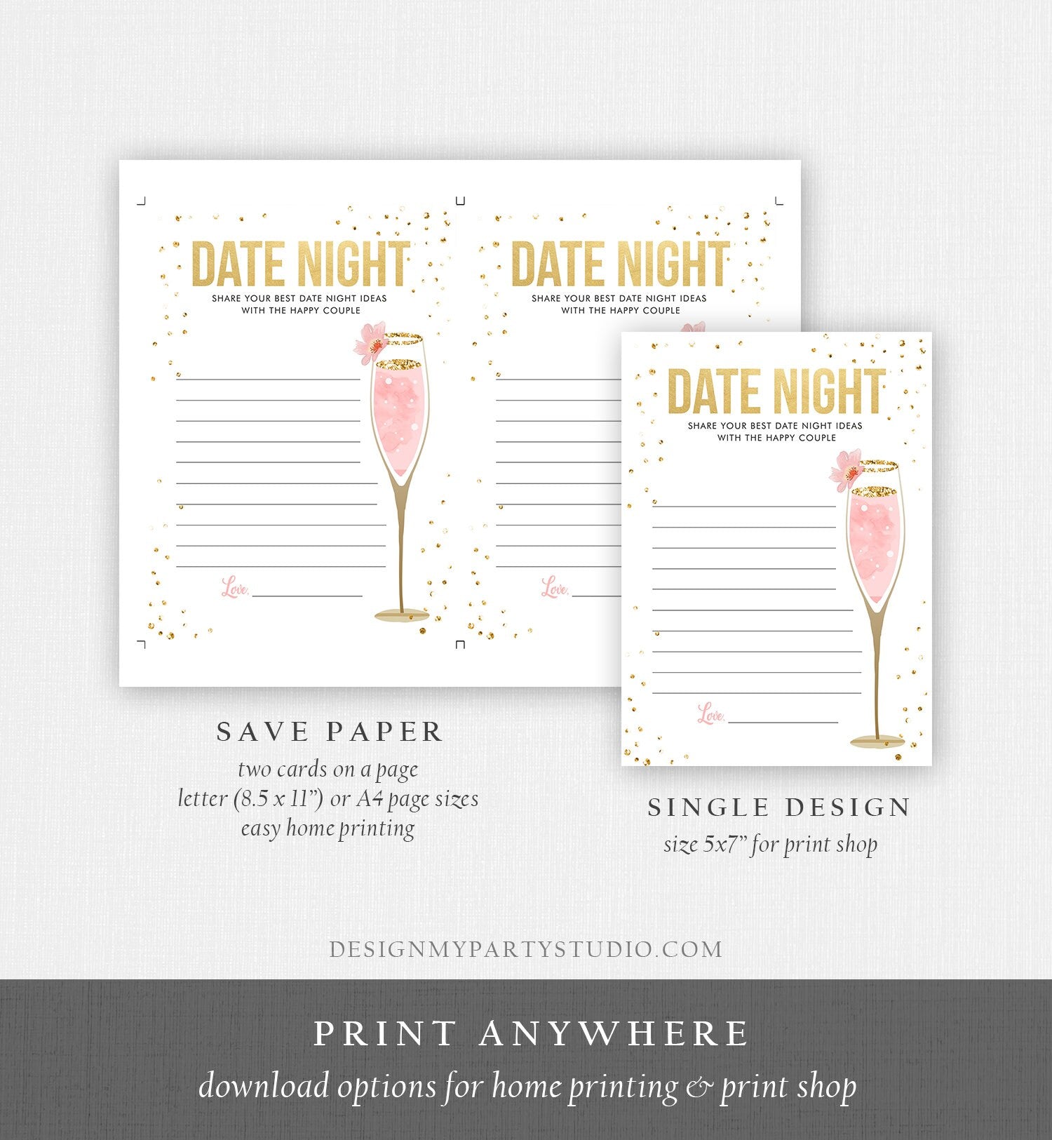 Editable Date Night Ideas Bridal Shower Game Idea Card Advice Game Insert Date Jar Brunch and Bubbly Pink Gold Champagne Corjl Template 0150