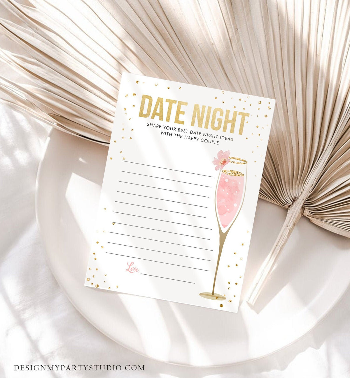 Editable Date Night Ideas Bridal Shower Game Idea Card Advice Game Insert Date Jar Brunch and Bubbly Pink Gold Champagne Corjl Template 0150