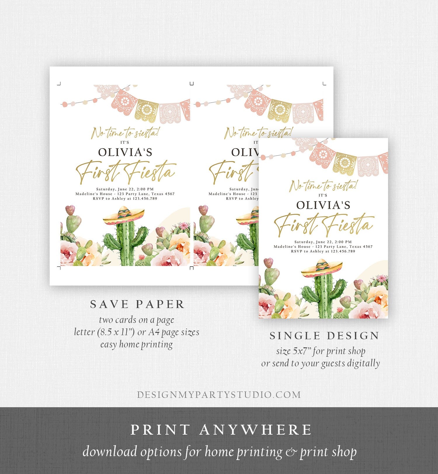 Editable Fiesta Invitation First Fiesta Birthday Boho Mexican Cactus Succulent Desert Floral Girl Printable Invitation Template Corjl 0419