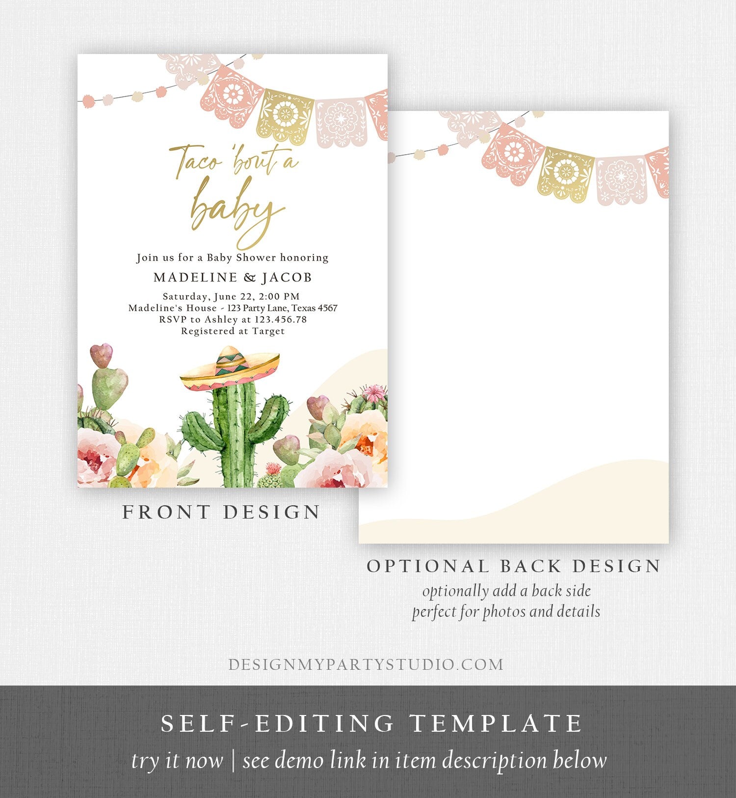 Editable Taco Bout a Baby Shower Invitation Cactus Mexican Fiesta Baby Shower Boho Floral Download Printable Invite Template Corjl 0419