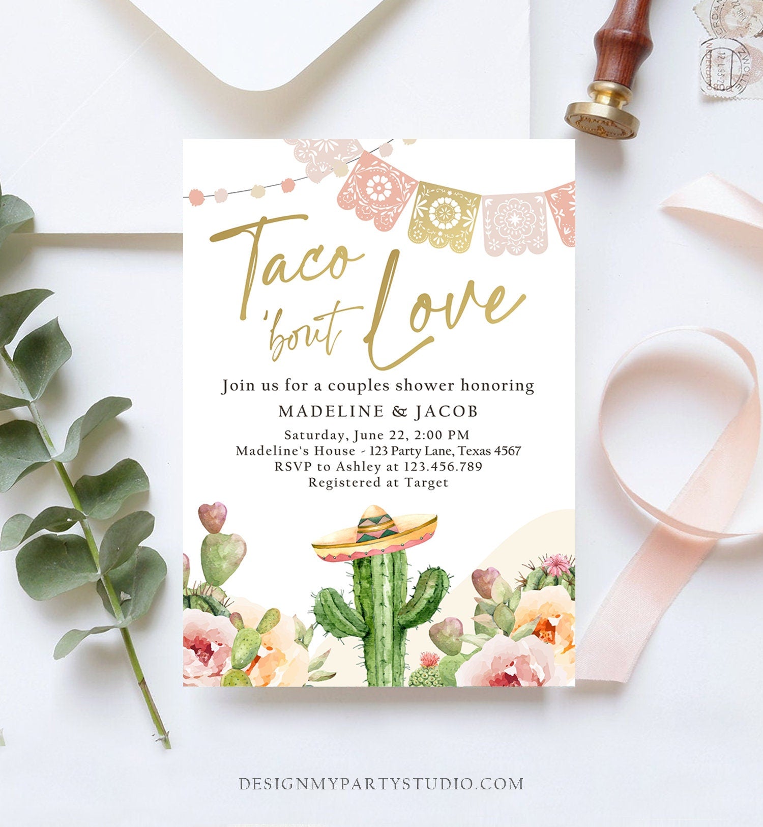 Editable Taco Bout Love Couples Shower Invitation Boho Fiesta Cactus Succulent Mexican Desert Digital Download Corjl Template Printable 0419