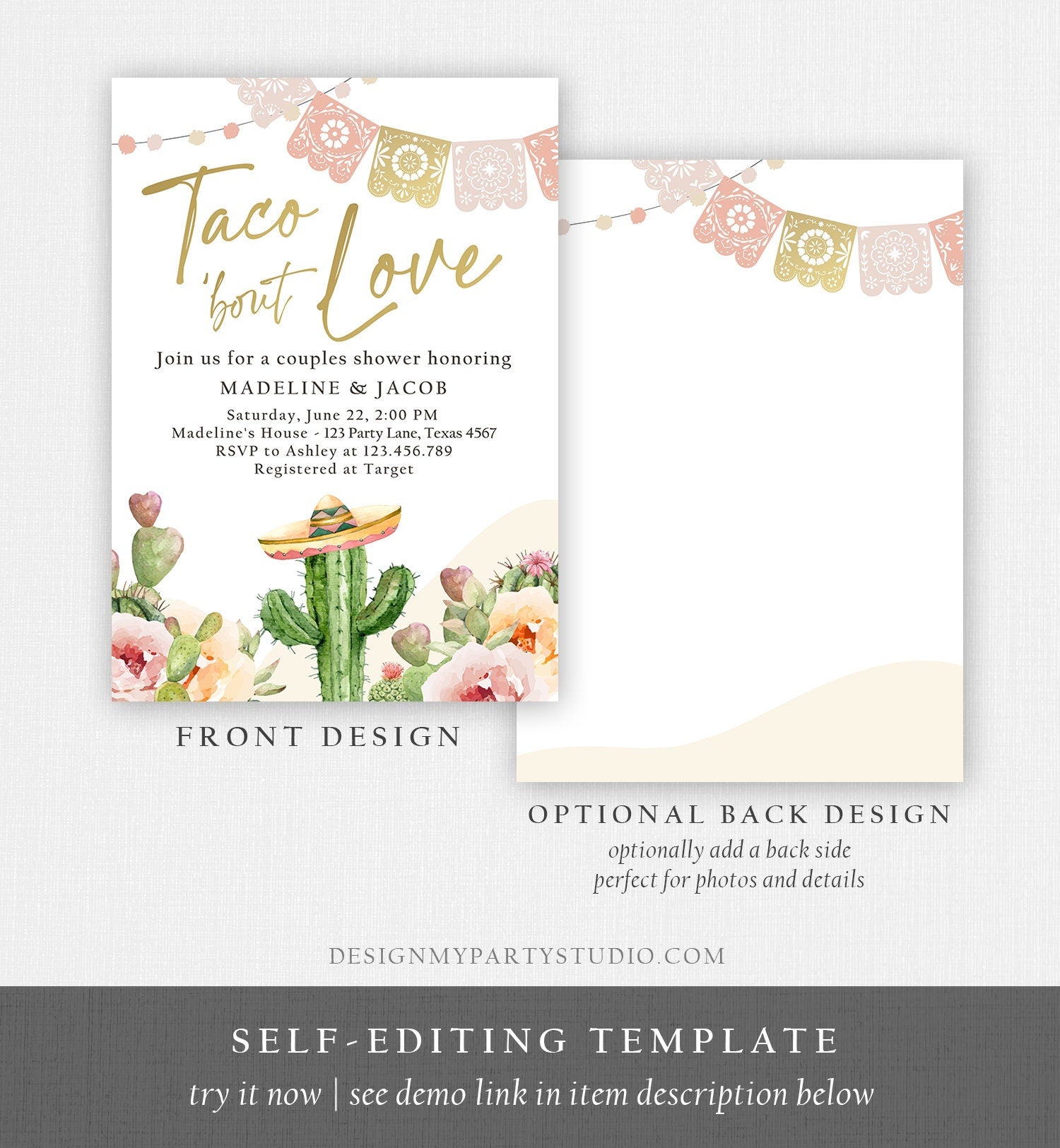 Editable Taco Bout Love Couples Shower Invitation Boho Fiesta Cactus Succulent Mexican Desert Digital Download Corjl Template Printable 0419