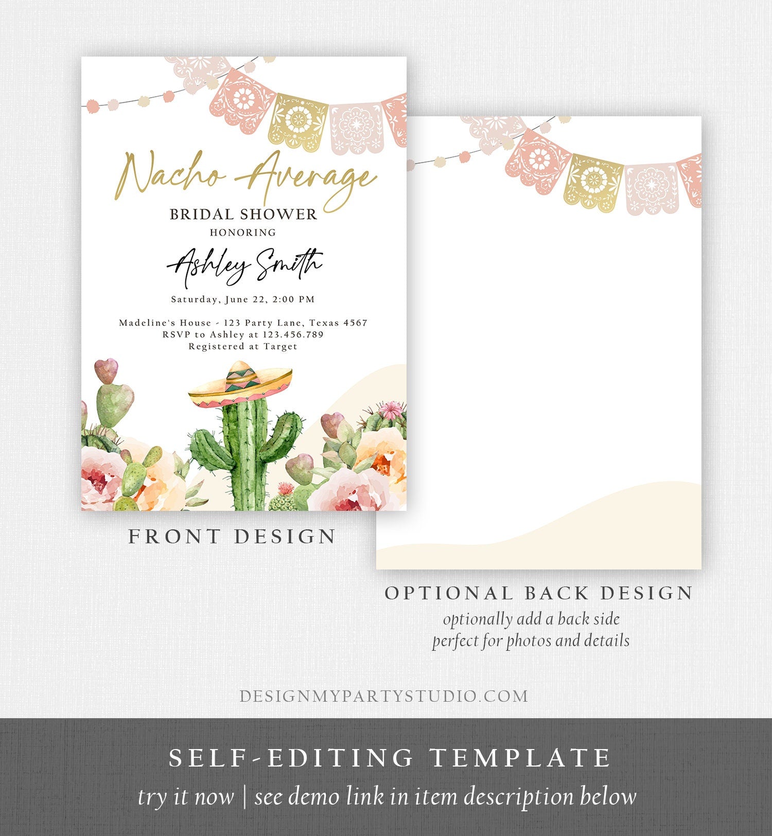 Editable Nacho Average Bridal Shower Invitation Boho Couples Fiesta Mexican Watercolor Cactus Succulent Desert Template Corjl Printable 0419