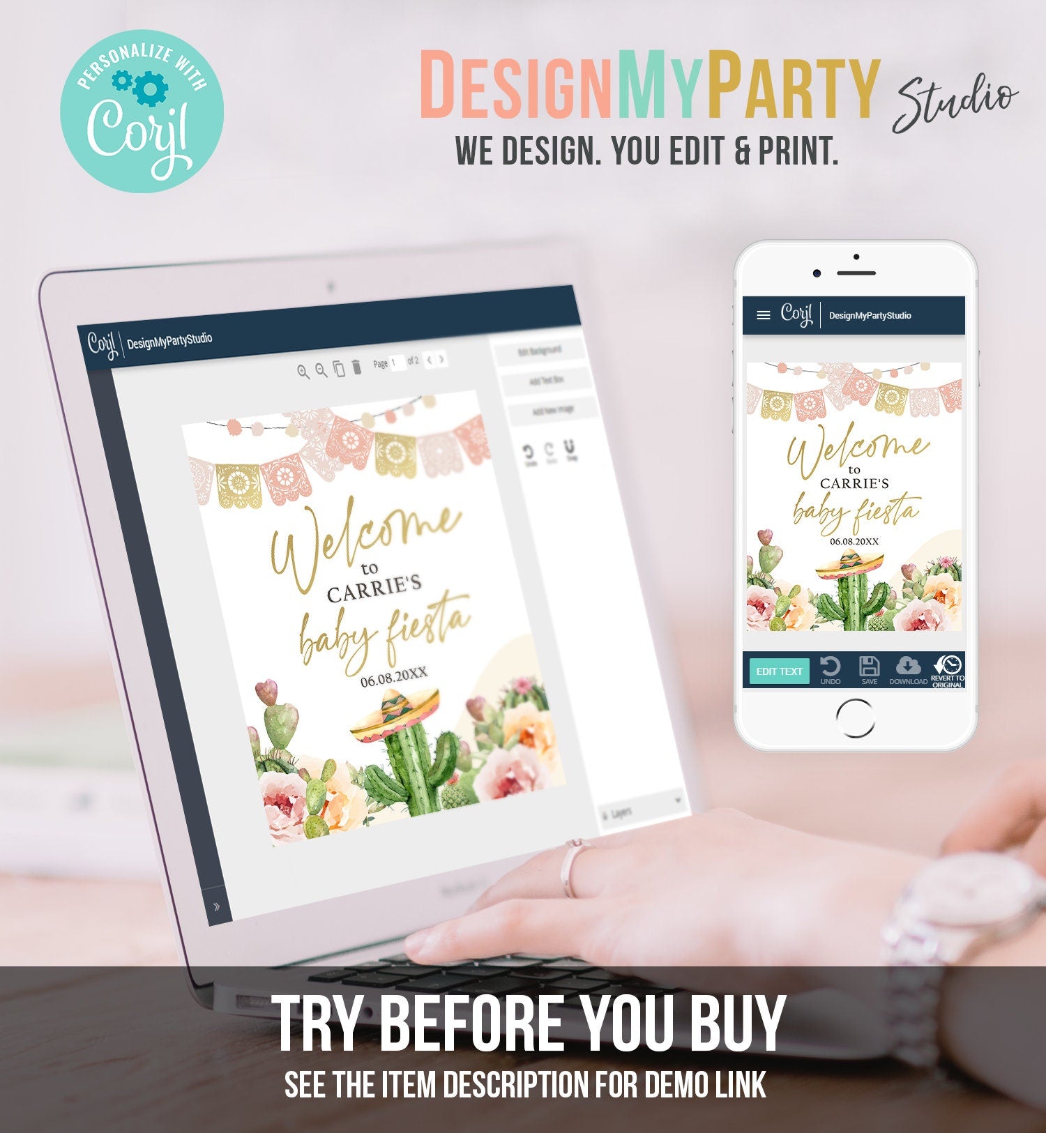 Editable Fiesta Welcome Sign Boho Baby Shower Birthday Watercolor Cactus Mexican Succulent Couples Table Sign Corjl Template Printable 0419