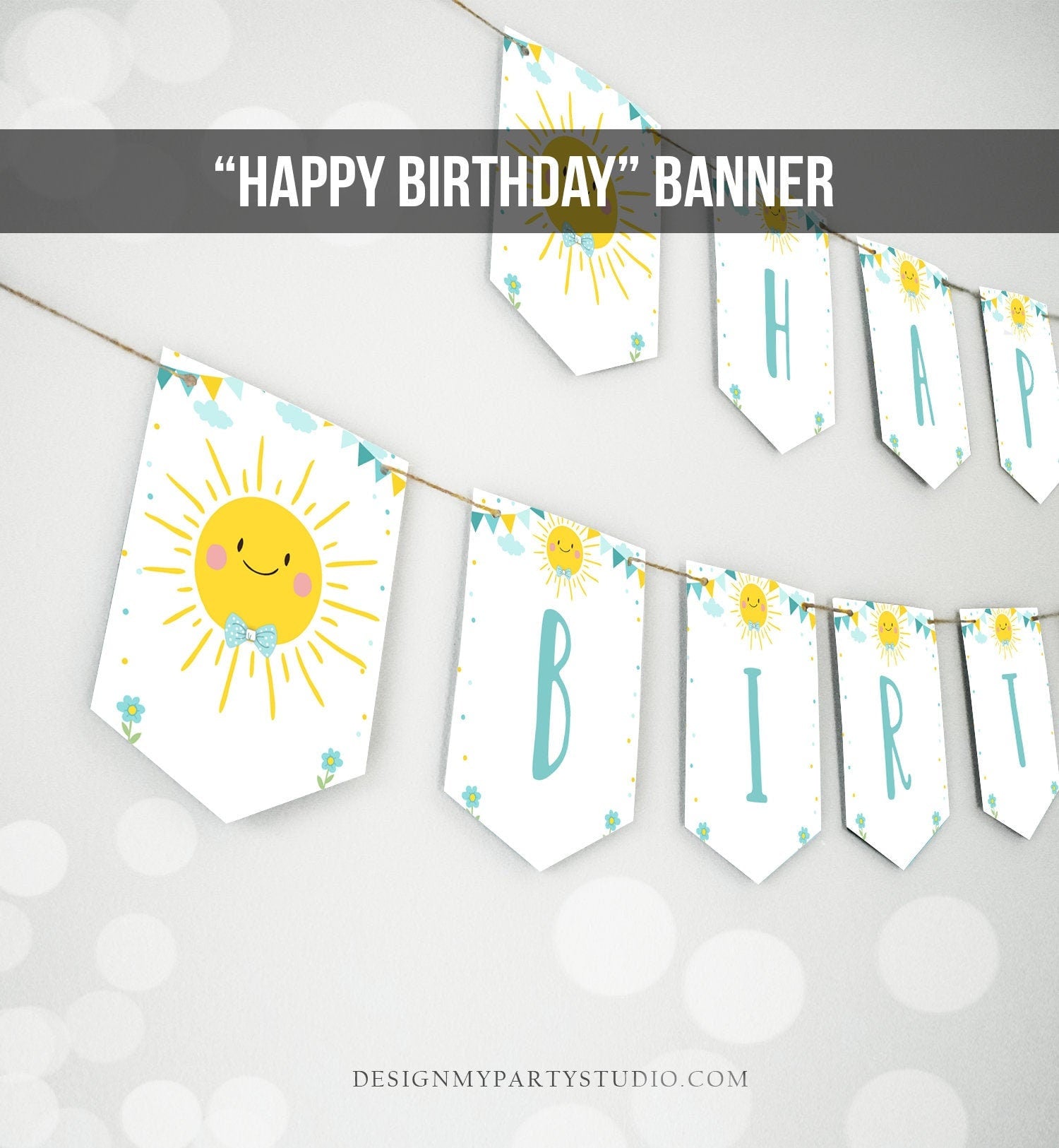 Little Sunshine Happy Birthday Banner Sunshine Banner Birthday Boy Blue Summer Party Decorations Instant download Printable Digital DIY 0141