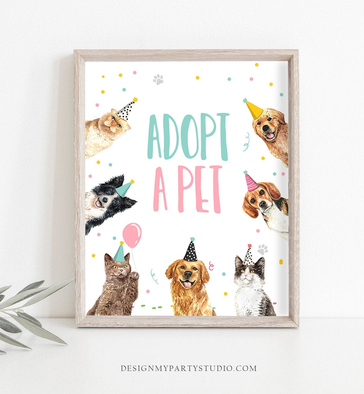 Adopt a Pet Birthday Sign Table Decor Cats and Dogs Party Kitten Puppy Adoption Sign Vet Pawty Decor Pink Table Sign Download Printable 0384