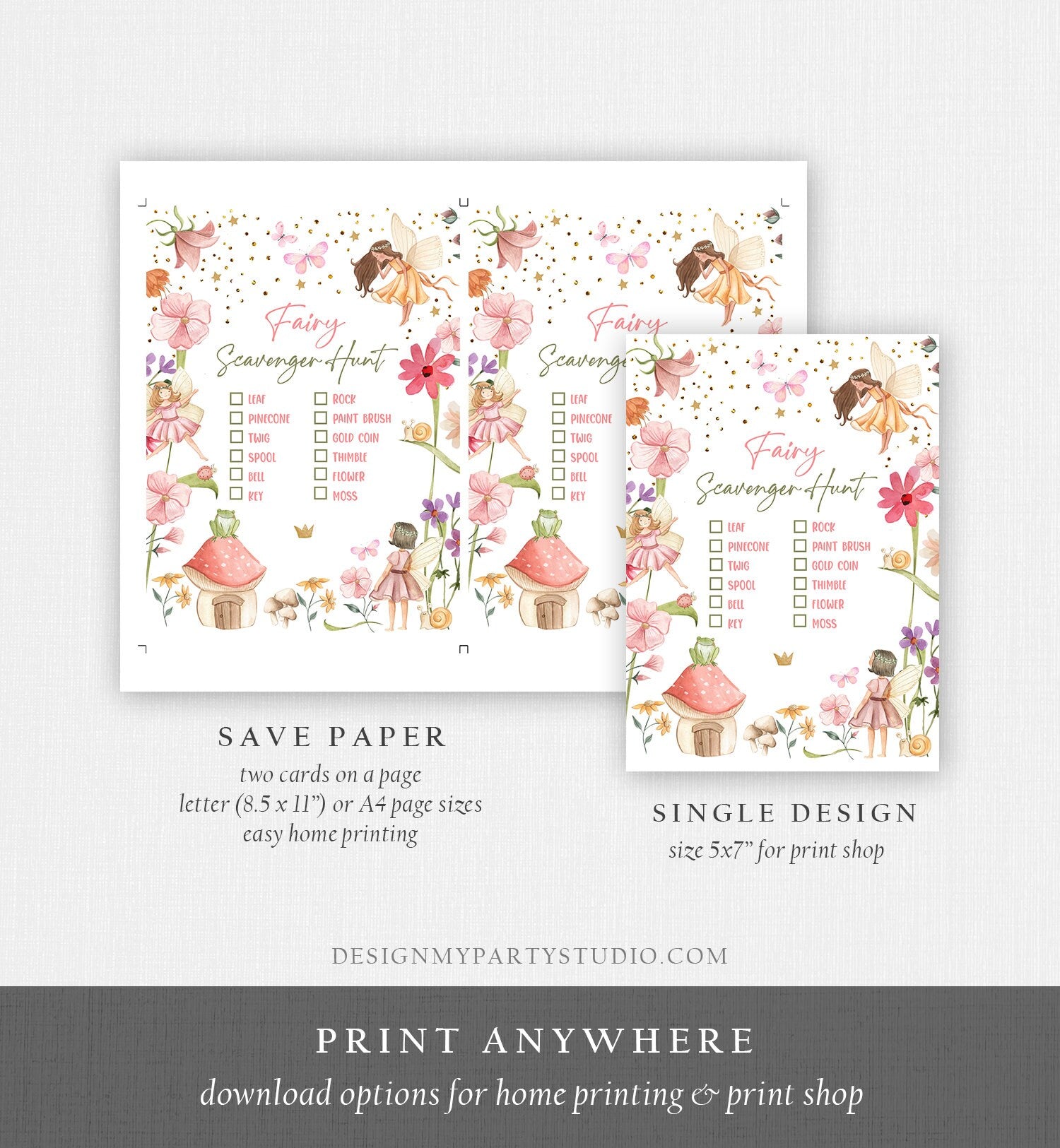 Editable Scavenger Hunt Checklist Game Party Fairy Birthday Activity Whimsical Enchanted Forest Tea Garden Girl Download Corjl Template 0406