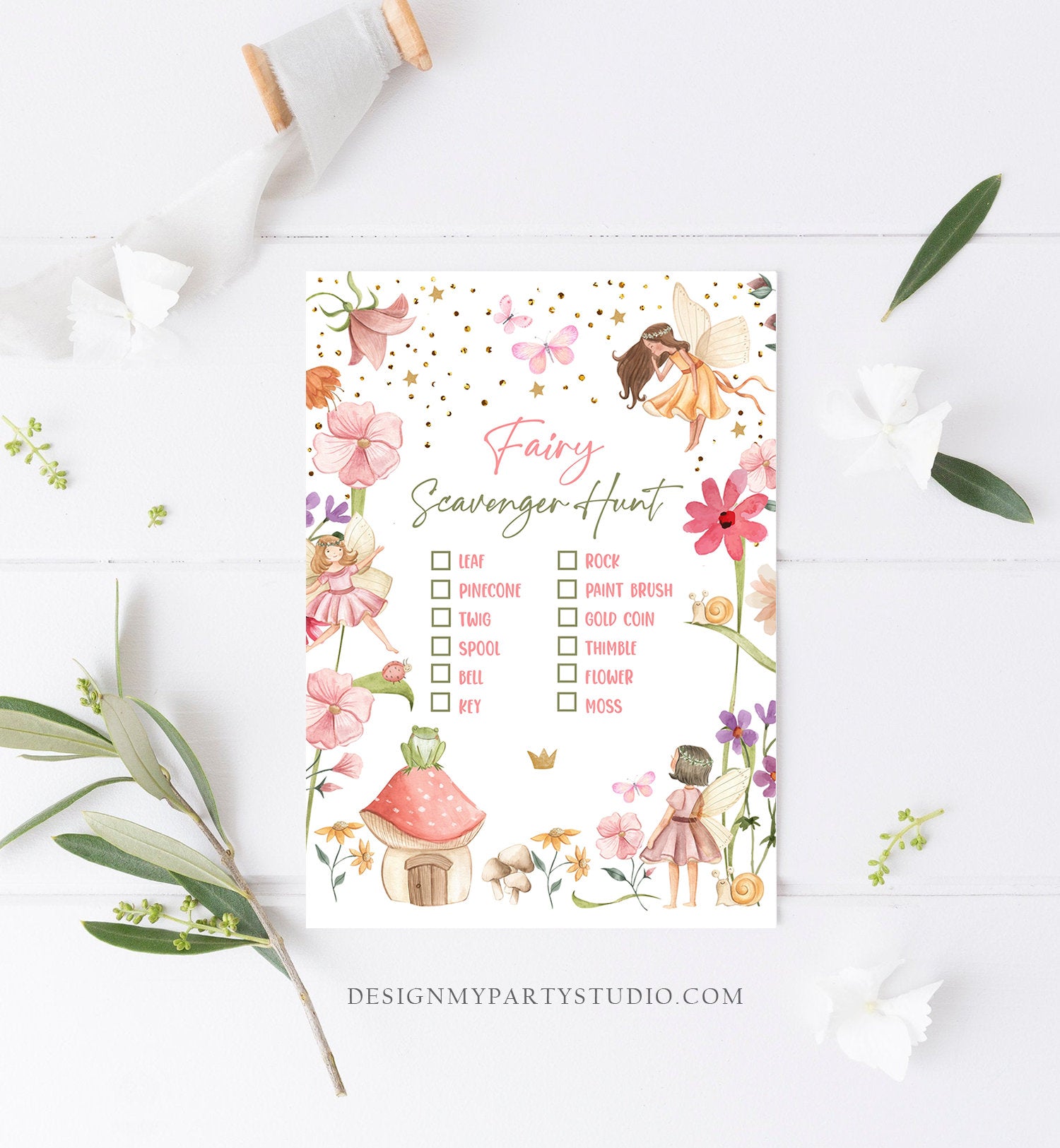 Editable Scavenger Hunt Checklist Game Party Fairy Birthday Activity Whimsical Enchanted Forest Tea Garden Girl Download Corjl Template 0406