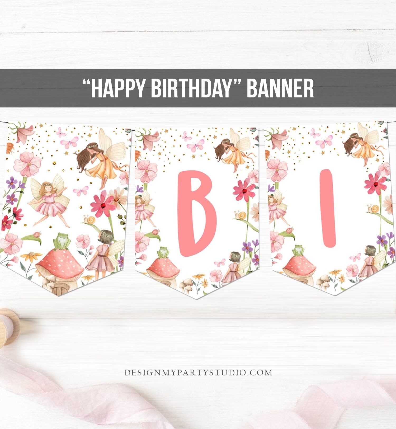 Happy Birthday Banner Fairy Birthday Girl Fairy First Birthday Decorations Fairy Garden Magical Tea Download PRINTABLE DIGITAL DIY 0406