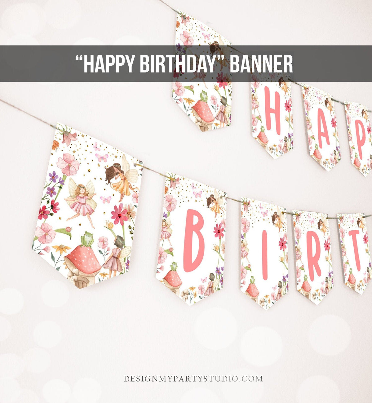 Happy Birthday Banner Fairy Birthday Girl Fairy First Birthday Decorations Fairy Garden Magical Tea Download PRINTABLE DIGITAL DIY 0406