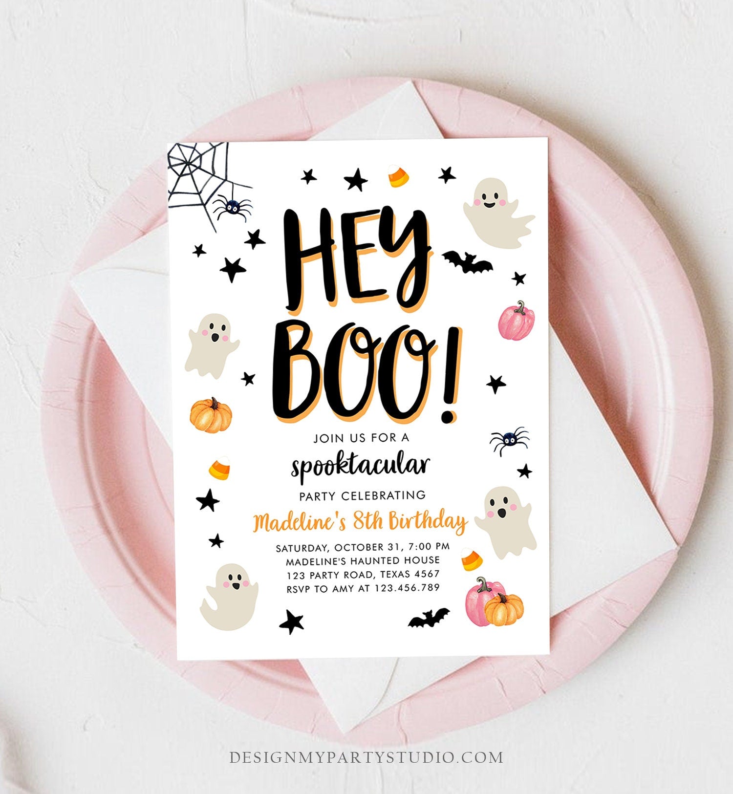 Editable Halloween Birthday Invitation Pink Ghost Costume Party Girl Pink Kids Spooktacular Spooky Digital Download Template Printable 0418