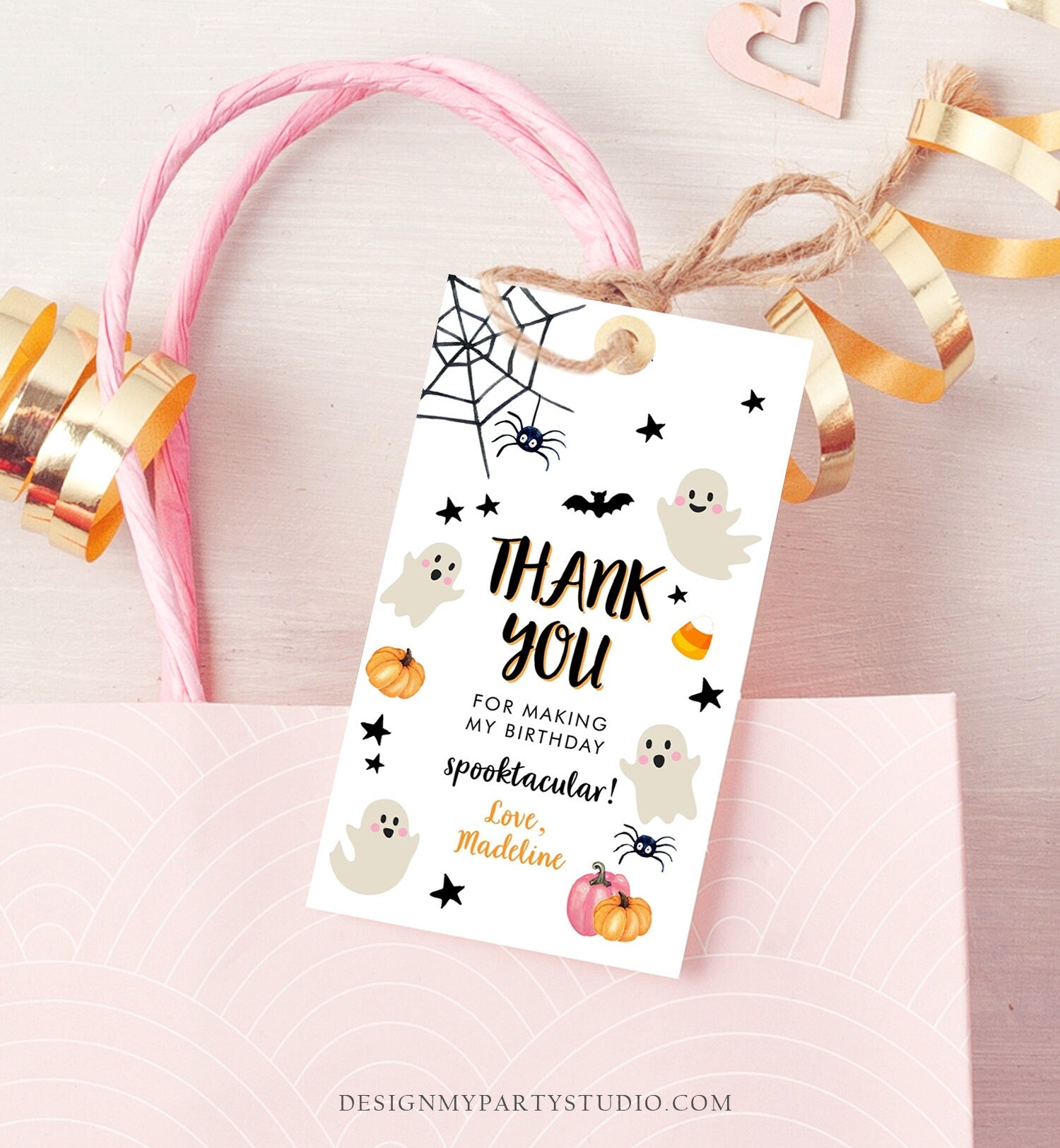 Editable Halloween Birthday Thank You Favor Tags Costume Party Girl Pink Spooktacular Ghost Party Download Printable Template Corjl 0418