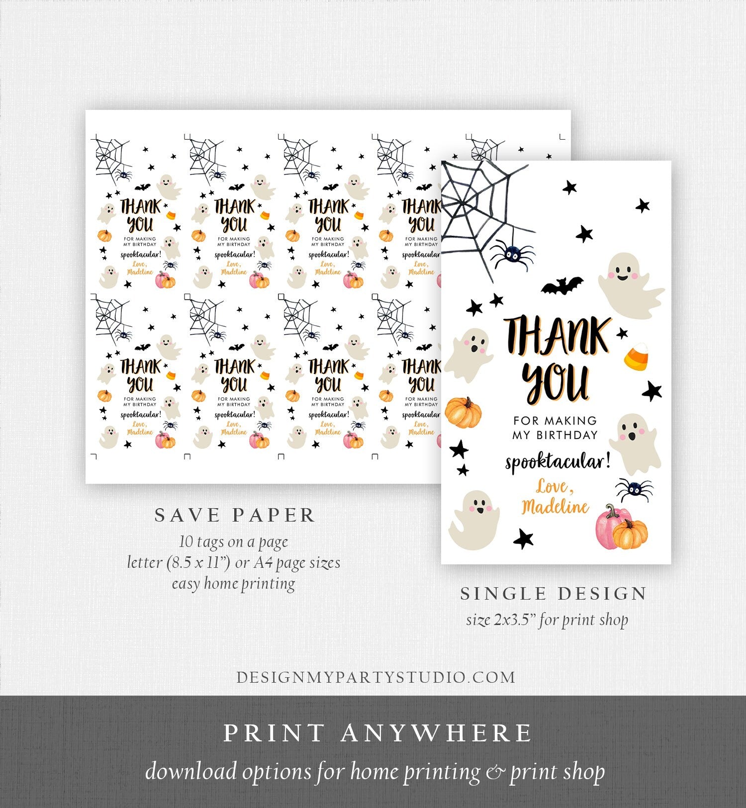 Editable Halloween Birthday Thank You Favor Tags Costume Party Girl Pink Spooktacular Ghost Party Download Printable Template Corjl 0418