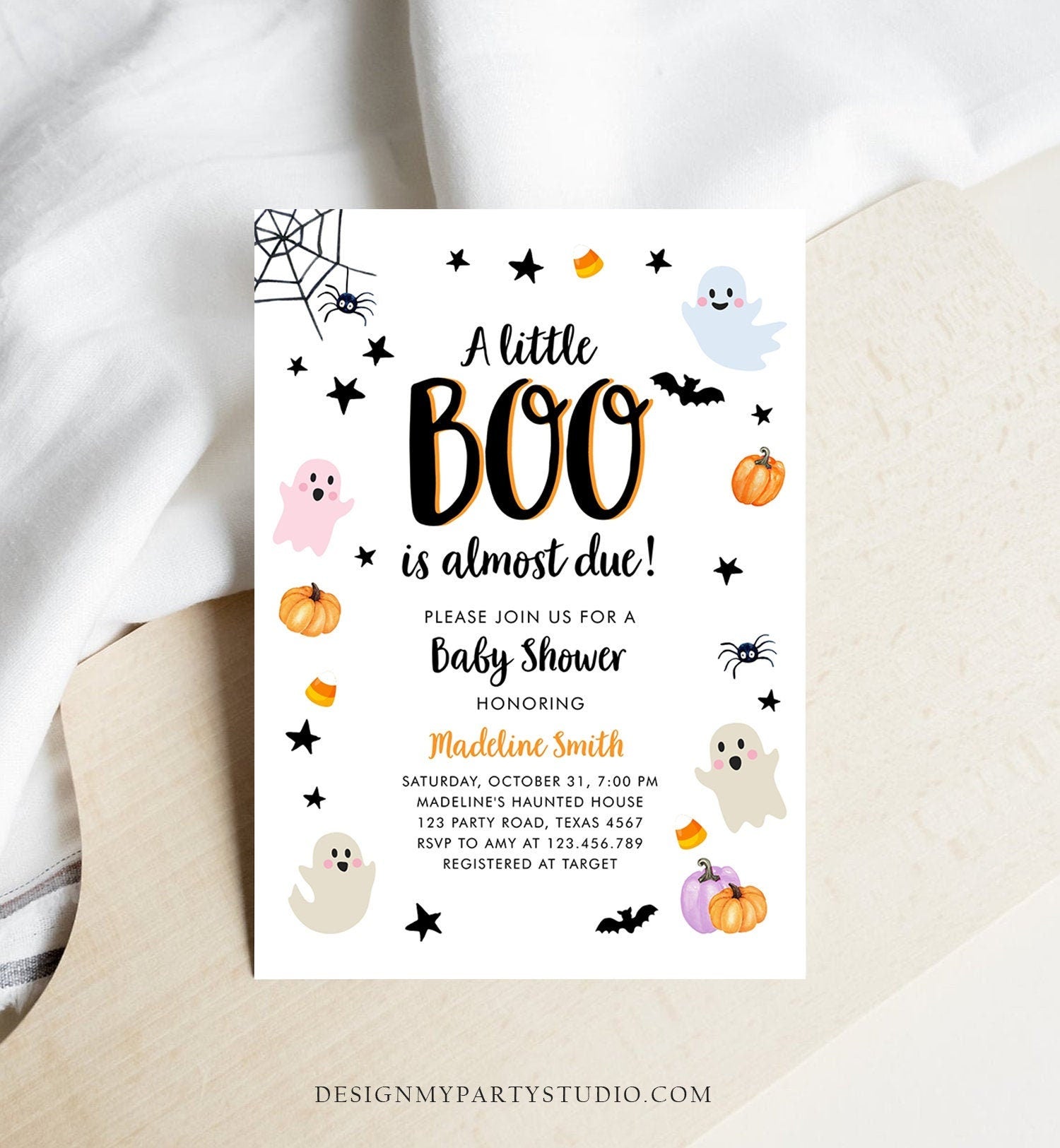 Editable Boo Baby Shower Invitation Cute Halloween Baby Shower Costume Party Pastel Ghost Neutral Digital Evite Template Printable 0418