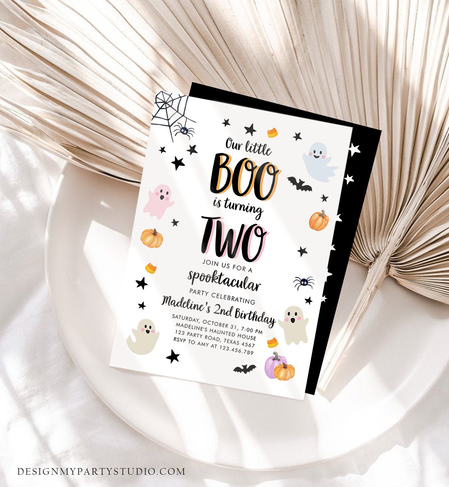 Editable Halloween 2nd Birthday Invitation Pink Ghost Costume Party Pastel Boo Spooktacular Spooky Digital Download Template Printable 0418