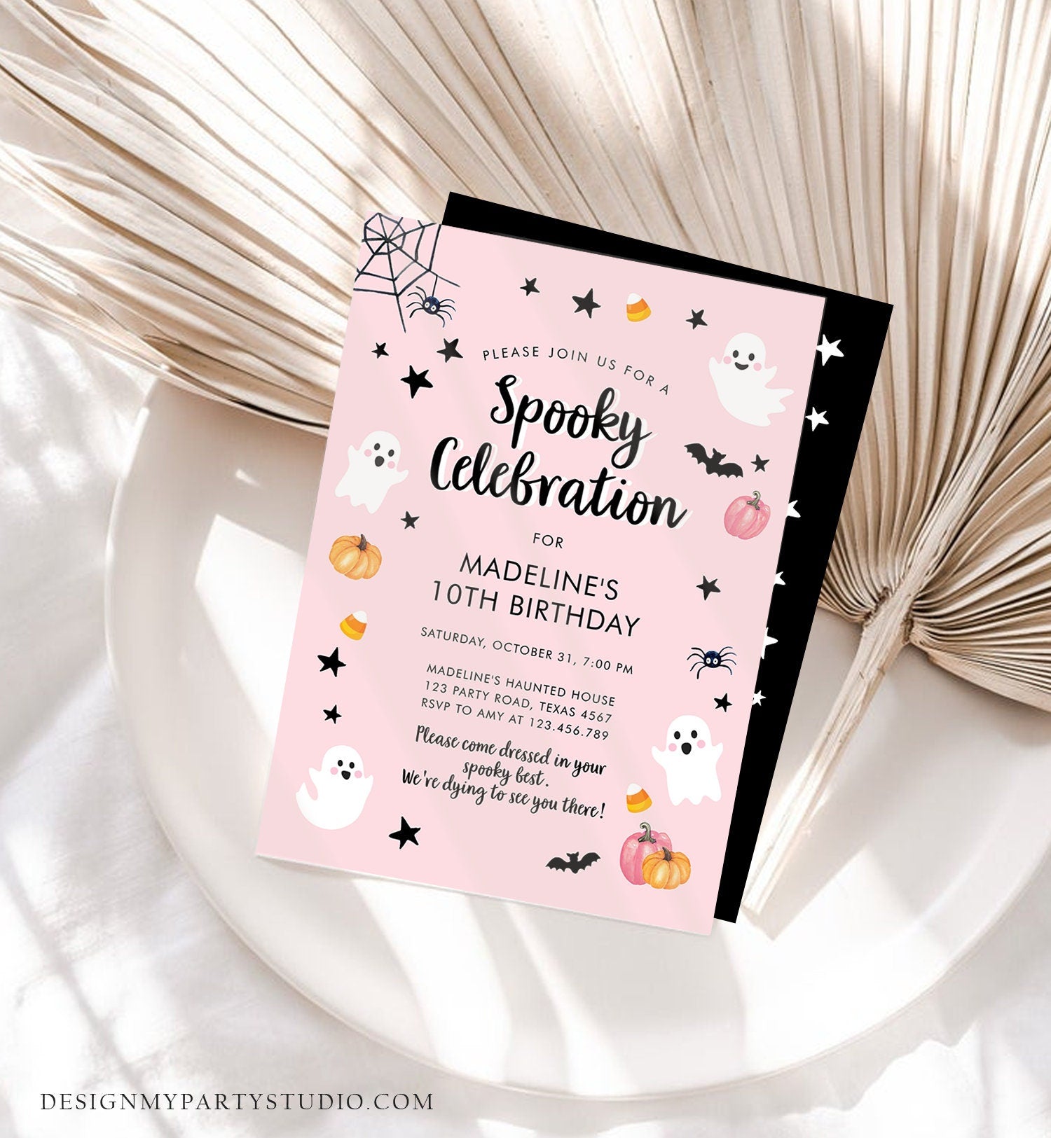 Editable Halloween Party Invitation Pink Ghost Costume Party Halloween Birthday Spooktacular Pink Download Printable Template Corjl 0418