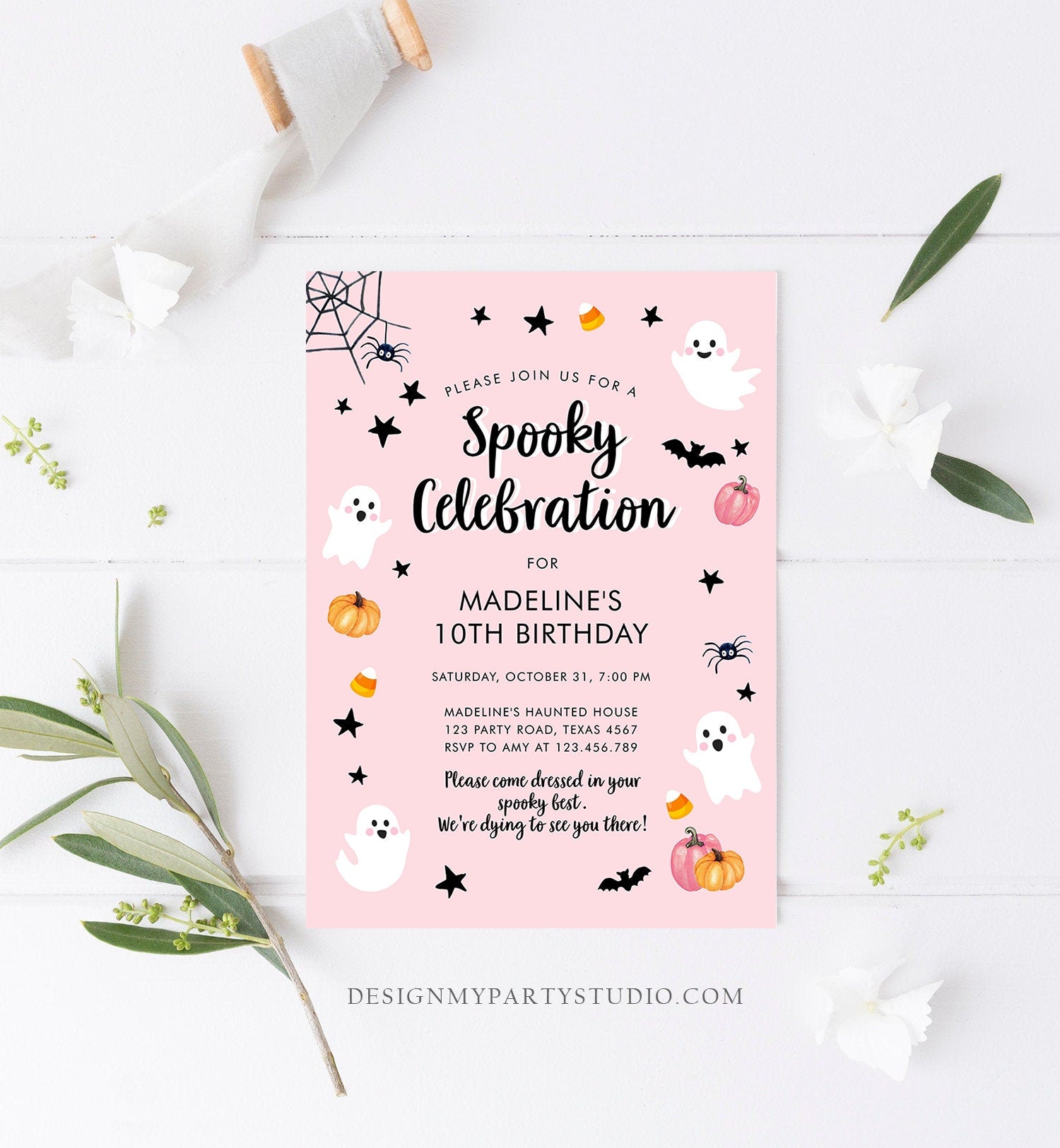 Editable Halloween Party Invitation Pink Ghost Costume Party Halloween Birthday Spooktacular Pink Download Printable Template Corjl 0418