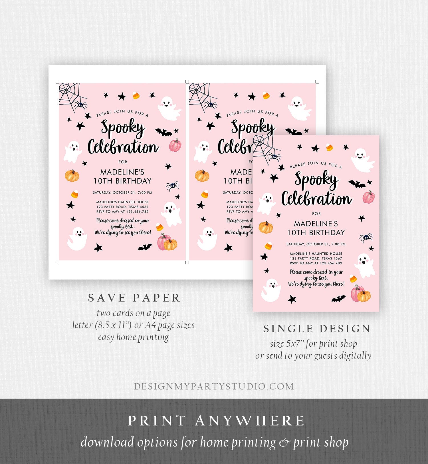 Editable Halloween Party Invitation Pink Ghost Costume Party Halloween Birthday Spooktacular Pink Download Printable Template Corjl 0418