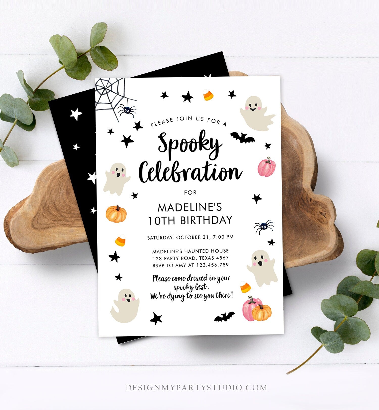 Editable Halloween Party Invitation Pink Ghost Costume Party Halloween Birthday Spooktacular Pink Digital Download Template Printable 0418