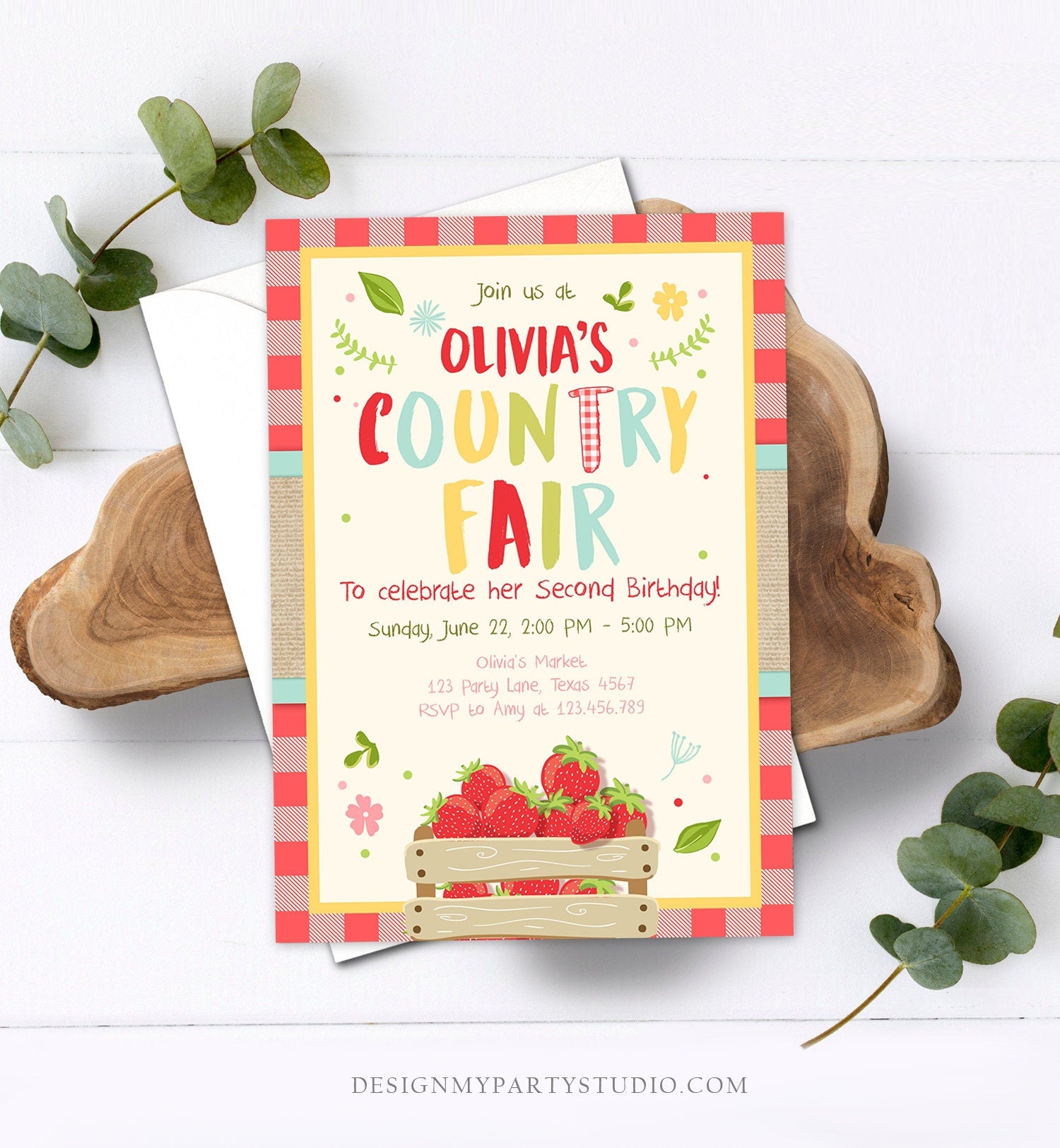 Editable Country Fair invitation Red Gingham Strawberry Home Grown Veggies Farm Fruits Market Download Printable Invite Template Corjl 0223