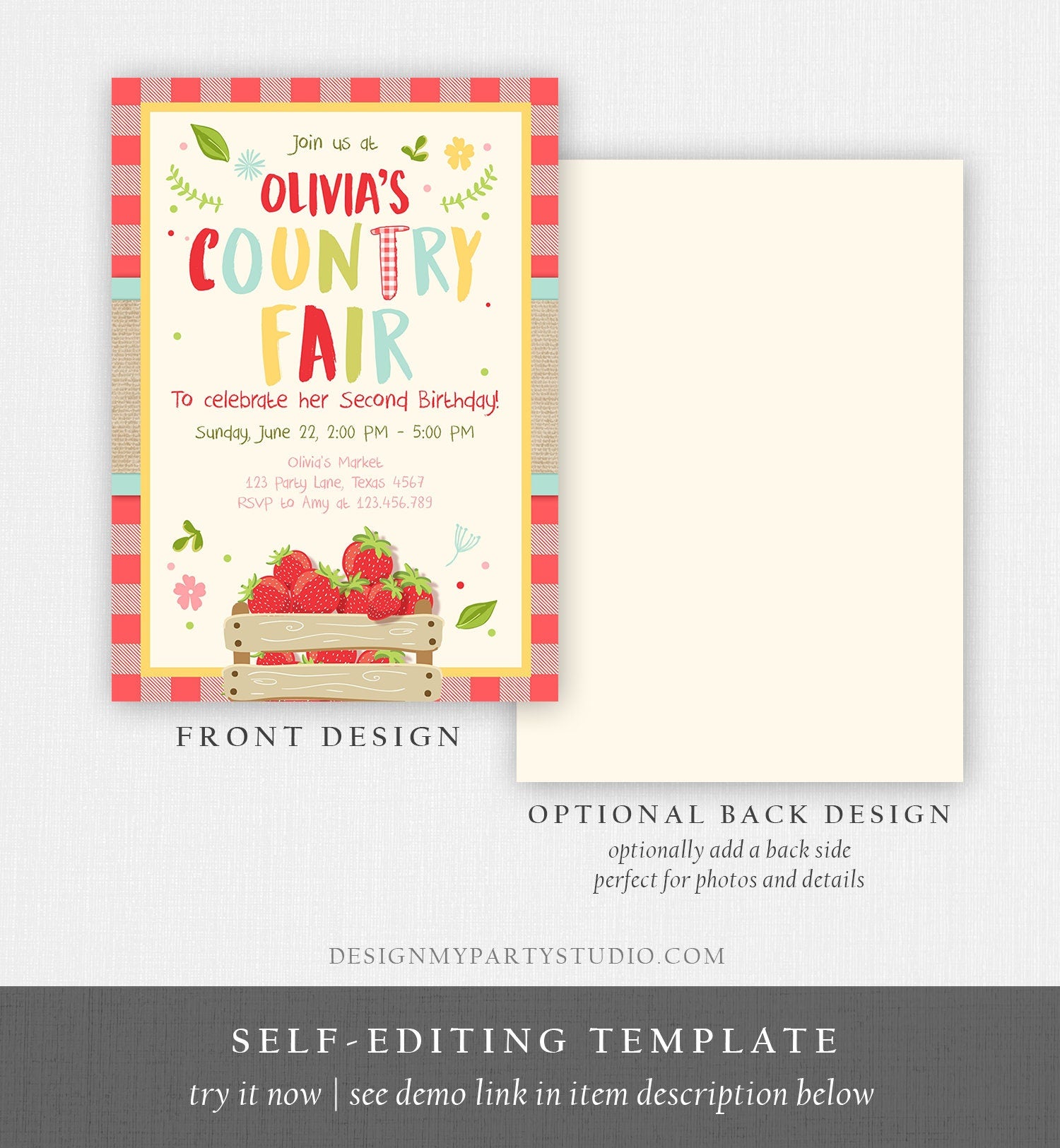 Editable Country Fair invitation Red Gingham Strawberry Home Grown Veggies Farm Fruits Market Download Printable Invite Template Corjl 0223