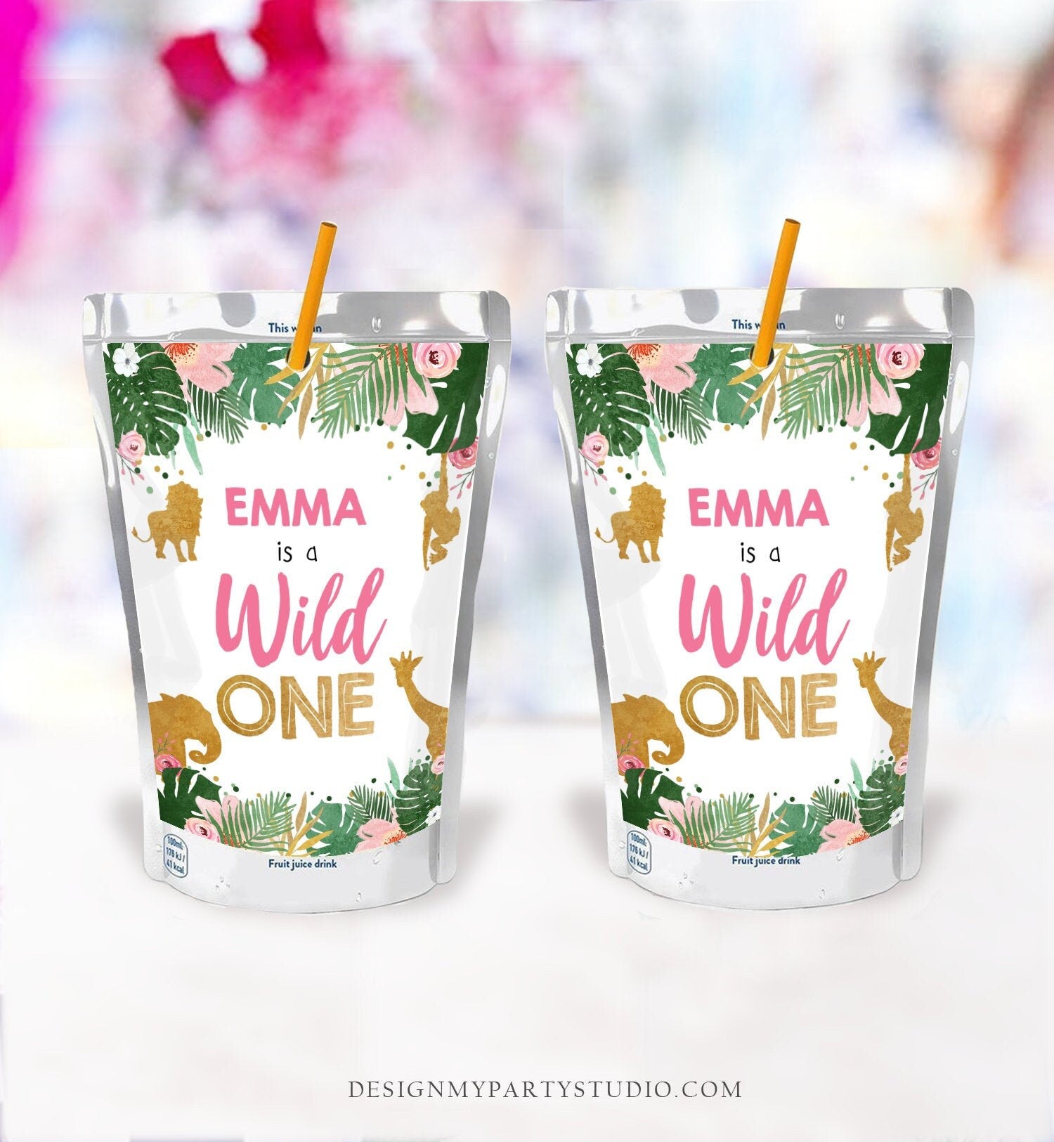 Editable Wild One Safari Animals Capri Sun Labels Juice Pouch Labels Gold Girl First Birthday Party Animals Corjl Template Printable 0016