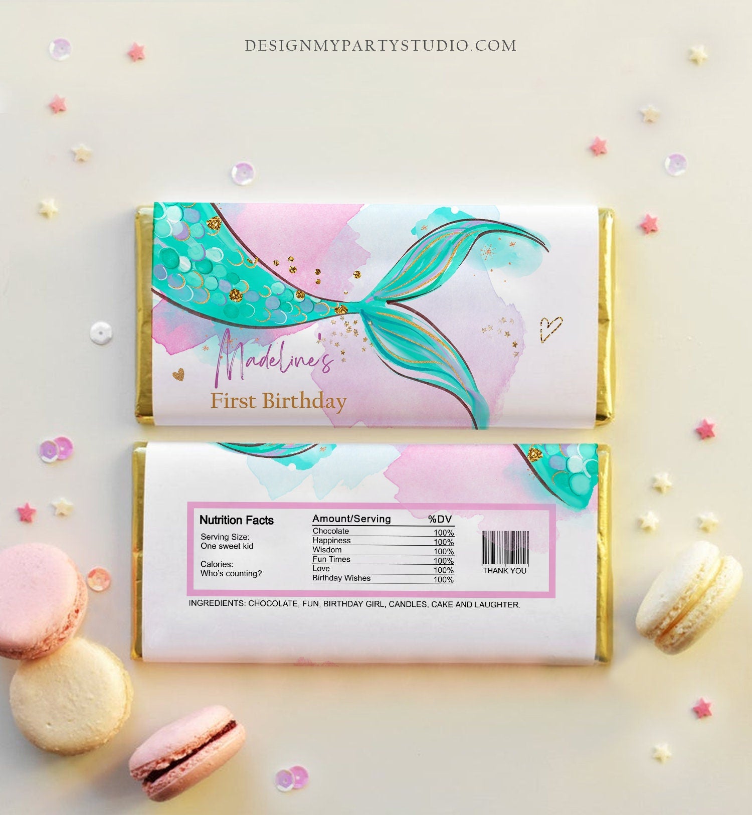 Editable Mermaid Chocolate Bar Wrapper Candy Bar Label Mermaid Tail Girl Pink Under The Sea Favor Digital Download Template Printable 0403