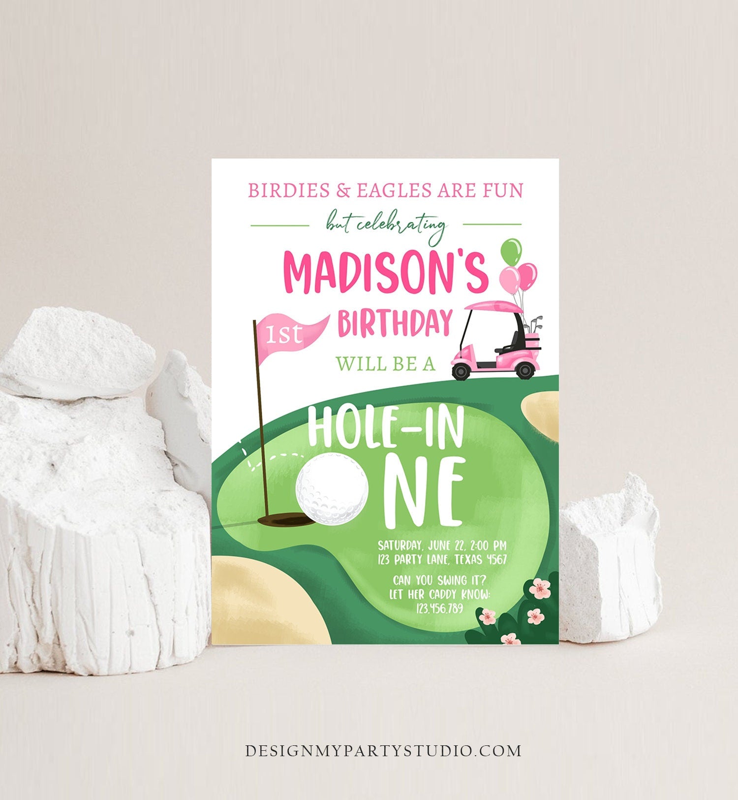 Editable Hole in One Birthday Invitation Golf First Birthday Par-tee Golf Invite Girl Golfing Download Printable Template Digital Corjl 0405