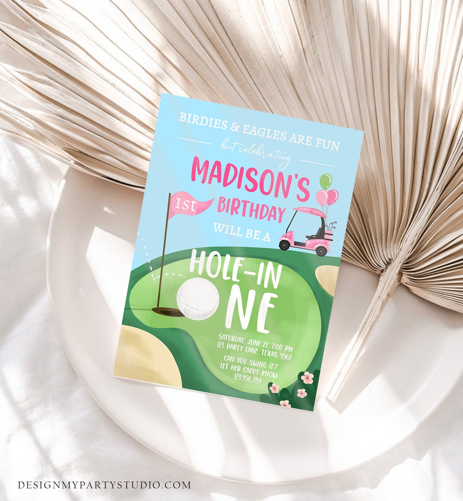 Editable Hole in One Birthday Invitation Golf First Birthday Par-tee Golf Invite Girl Golfing Download Printable Template Digital Corjl 0405