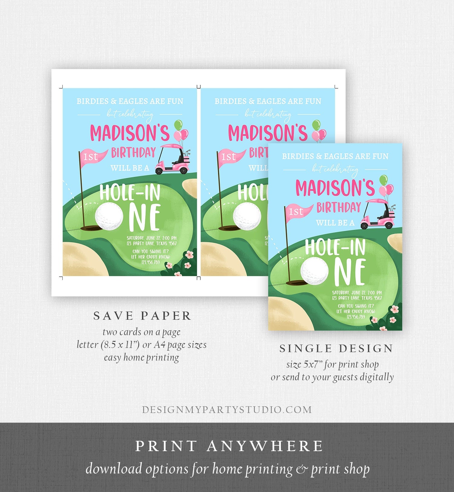 Editable Hole in One Birthday Invitation Golf First Birthday Par-tee Golf Invite Girl Golfing Download Printable Template Digital Corjl 0405