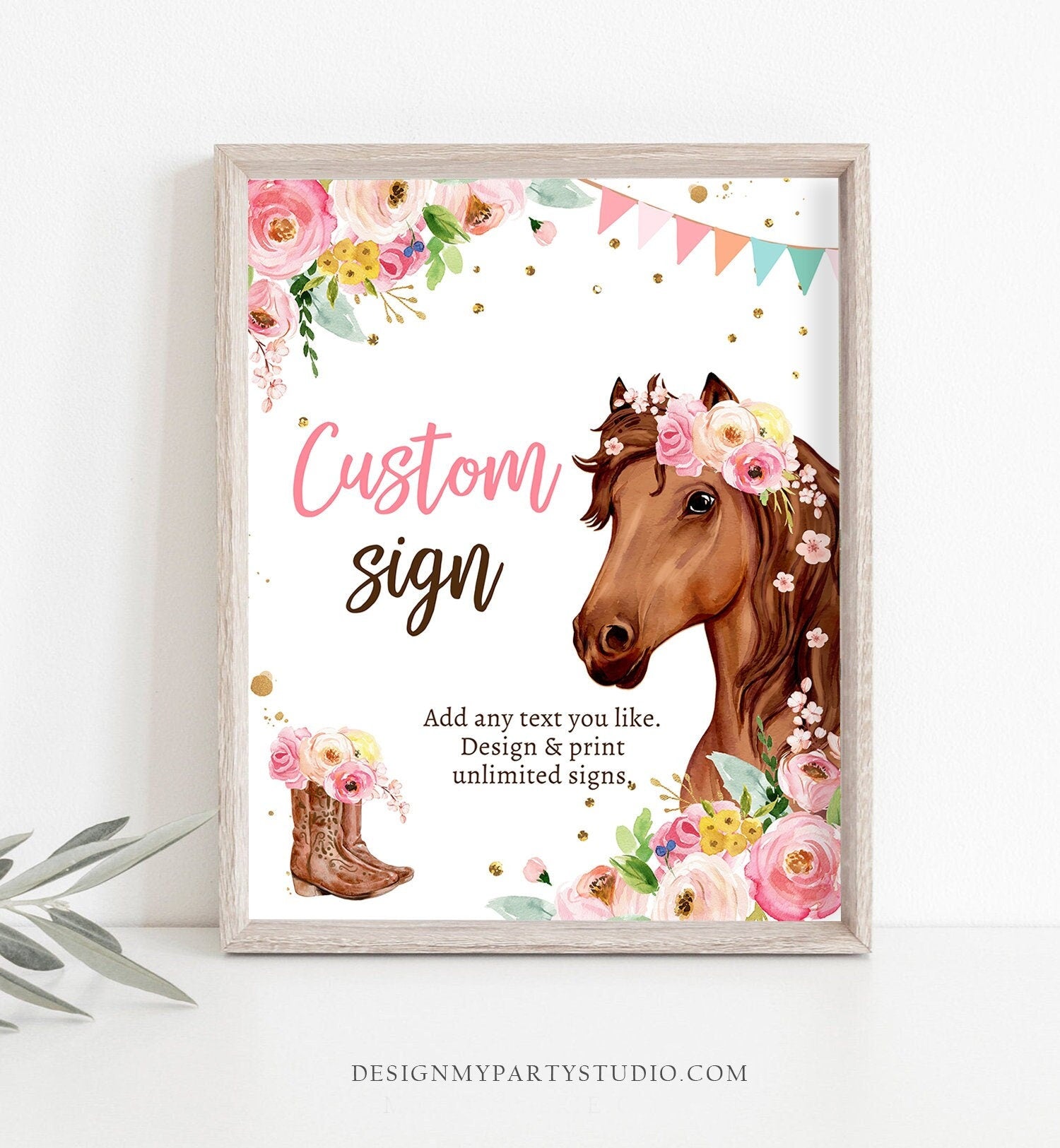 Editable Custom Horse Birthday Party Sign Saddle Up Cowgirl Party Sign Pink Horse Floral Girl Table Sign 8x10 Corjl Template Printable 0408