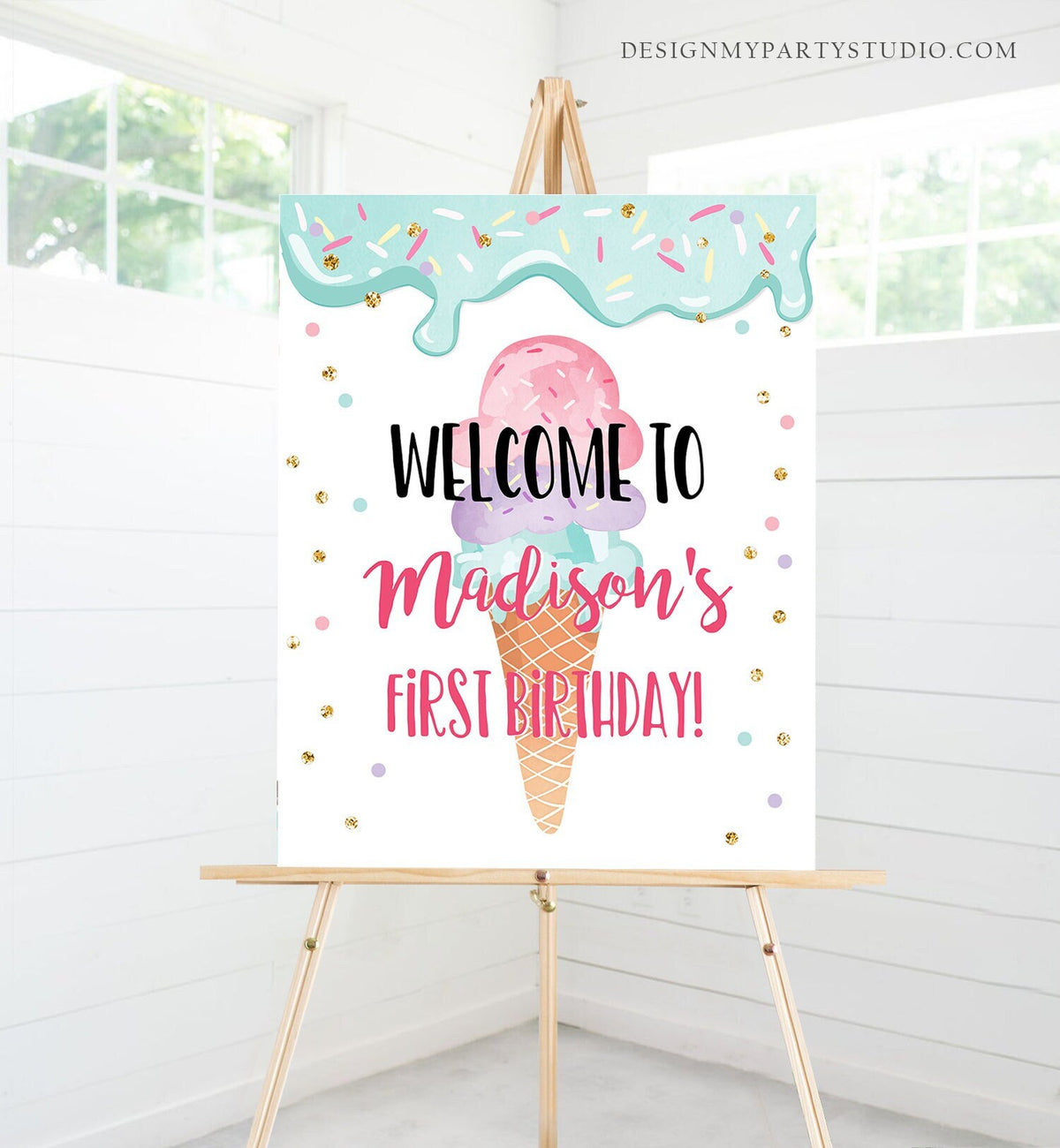 Editable Ice Cream Party Welcome Sign ice Cream Birthday Welcome Ice Cream Welcome Girl Summer Pink Purple Template PRINTABLE Corjl 0243