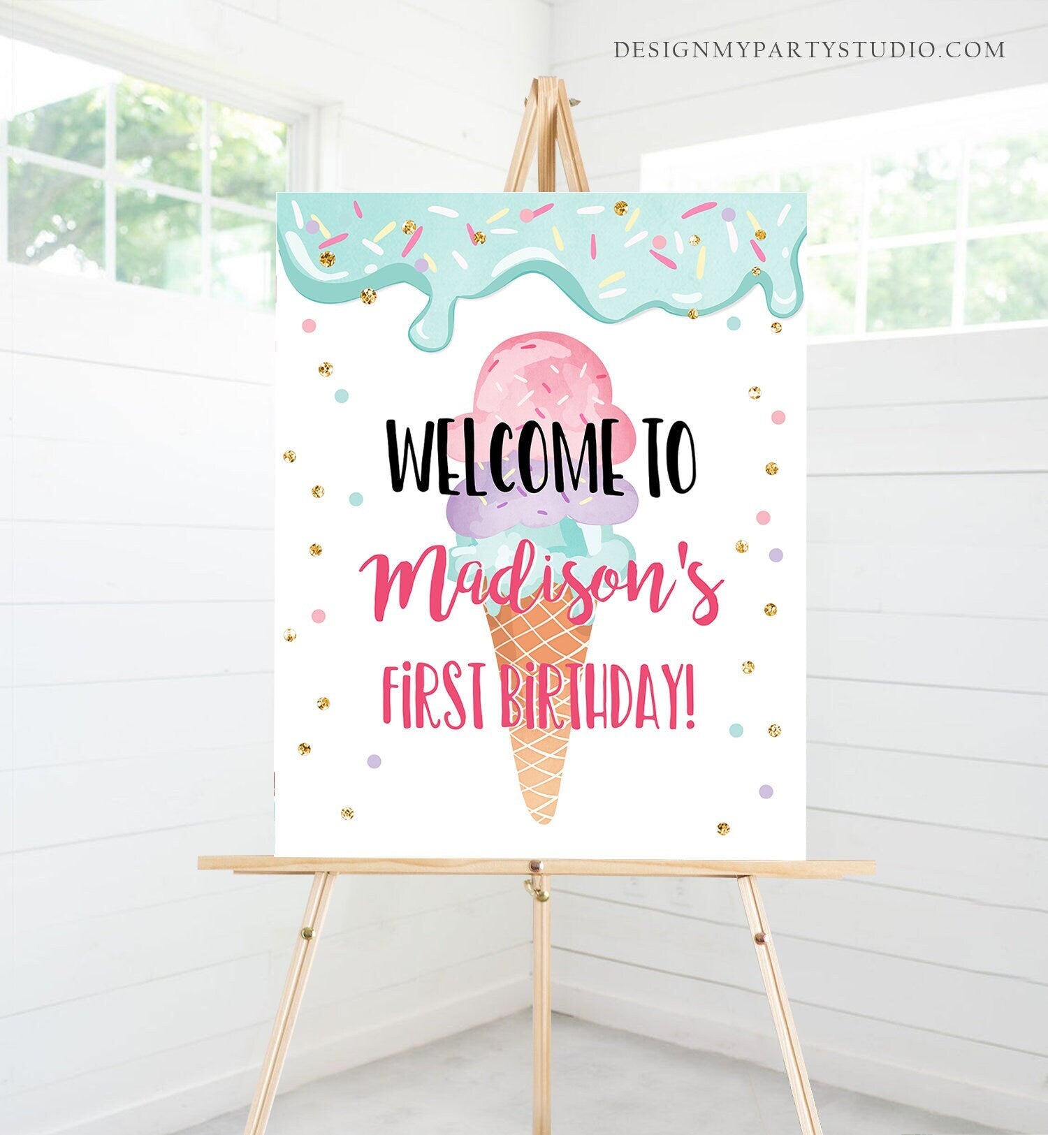 Editable Ice Cream Party Welcome Sign ice Cream Birthday Welcome Ice Cream Welcome Girl Summer Pink Purple Template PRINTABLE Corjl 0243