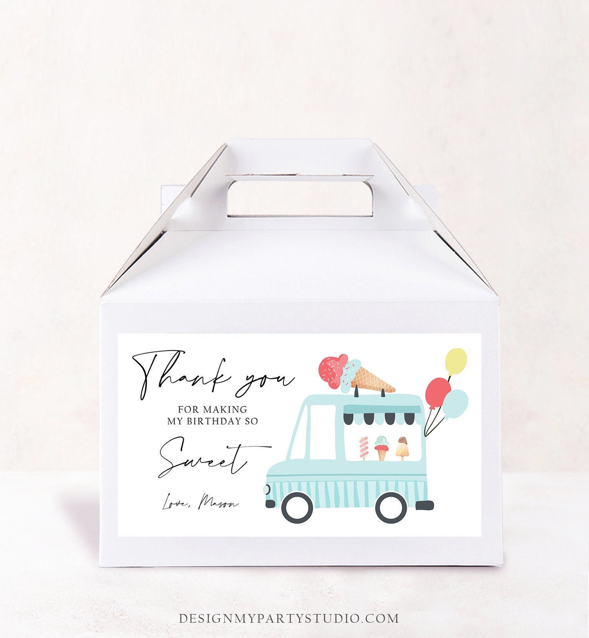 Editable Ice Cream Truck Favor Box Label Gable Gift Box Ice Cream Birthday Sweet One First Boy Treat Box Tag Download Printable Corjl 0415