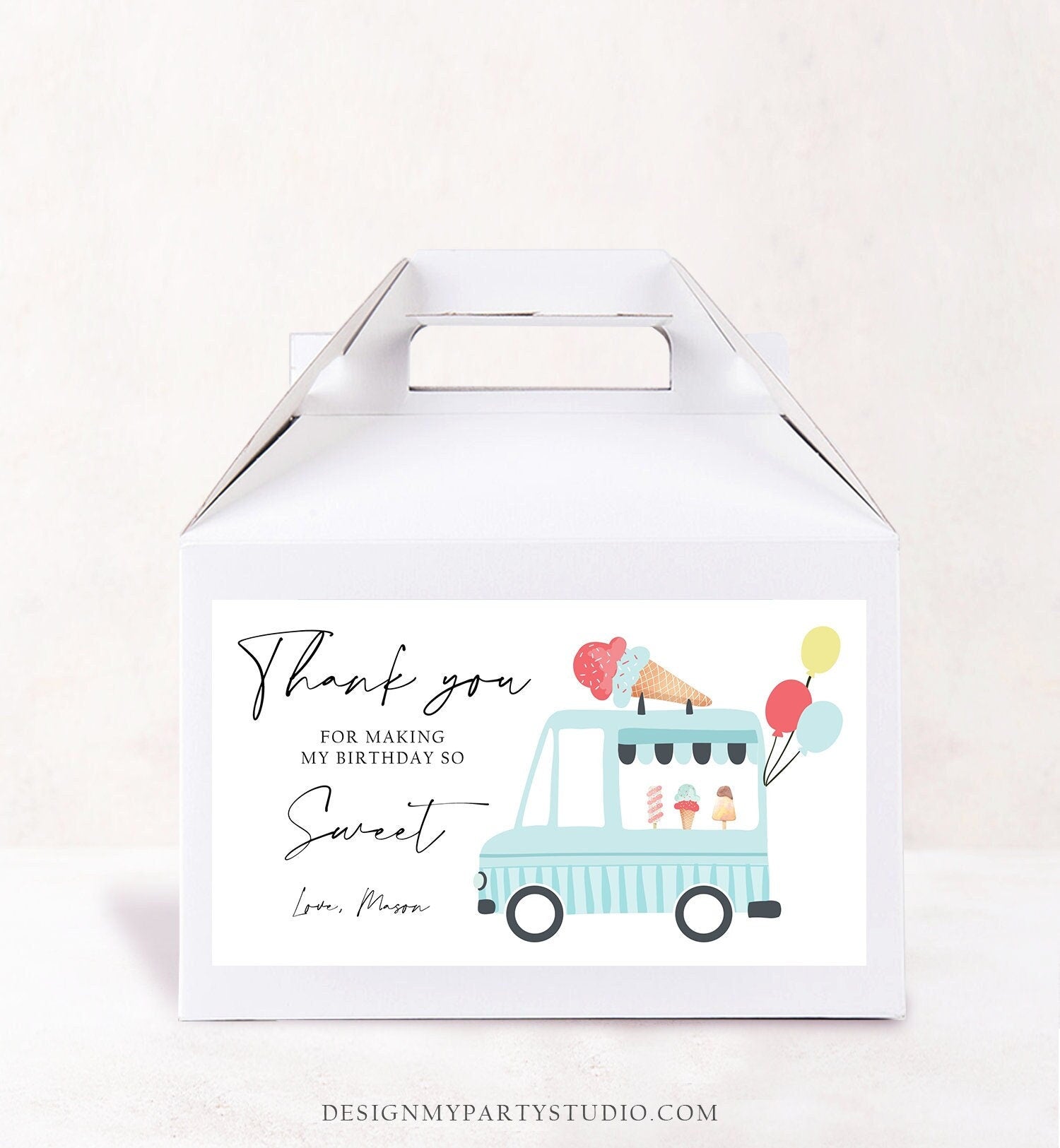 Editable Ice Cream Truck Favor Box Label Gable Gift Box Ice Cream Birthday Sweet One First Boy Treat Box Tag Download Printable Corjl 0415