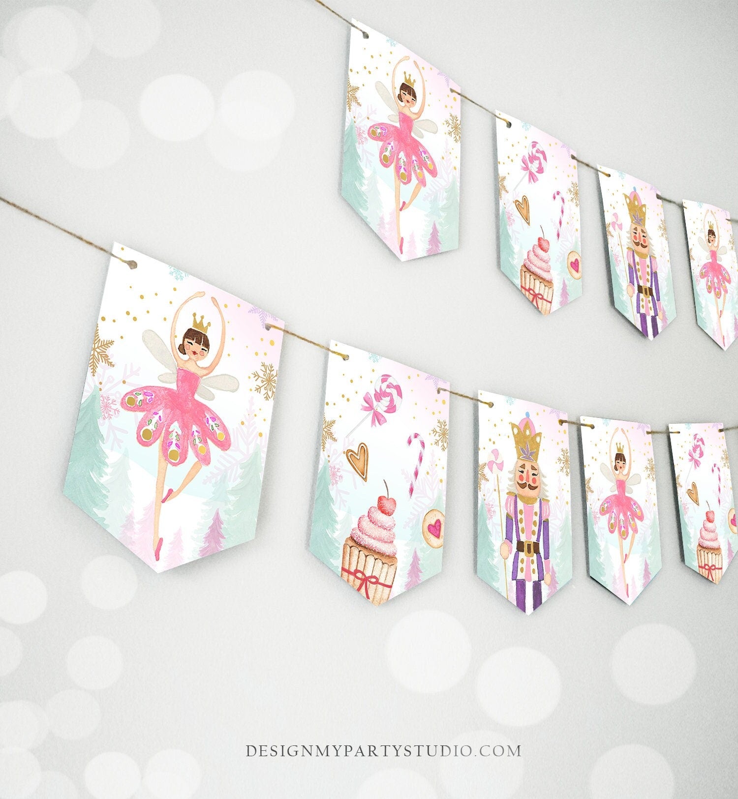 Nutcracker Banner Nutcracker Birthday Girl Bunting Christmas Decor Pink Gold Sugar Plum Fairy Instant Download Printable Digital DIY 0352