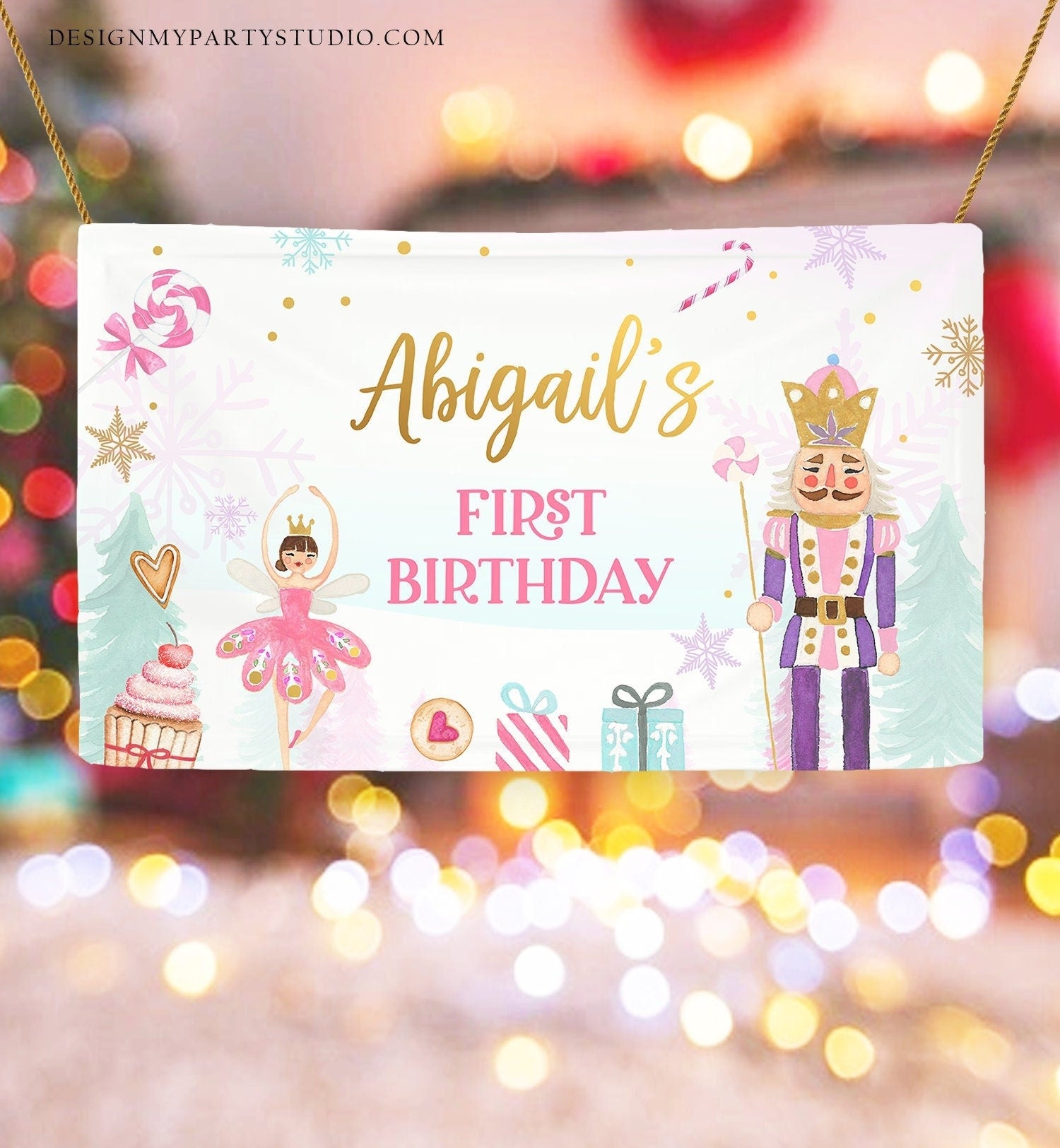 Editable Nutcracker Backdrop Banner Pink Gold Nutcracker Birthday Decor Girl Winter Land of Sweets Download Corjl Template Printable 0352