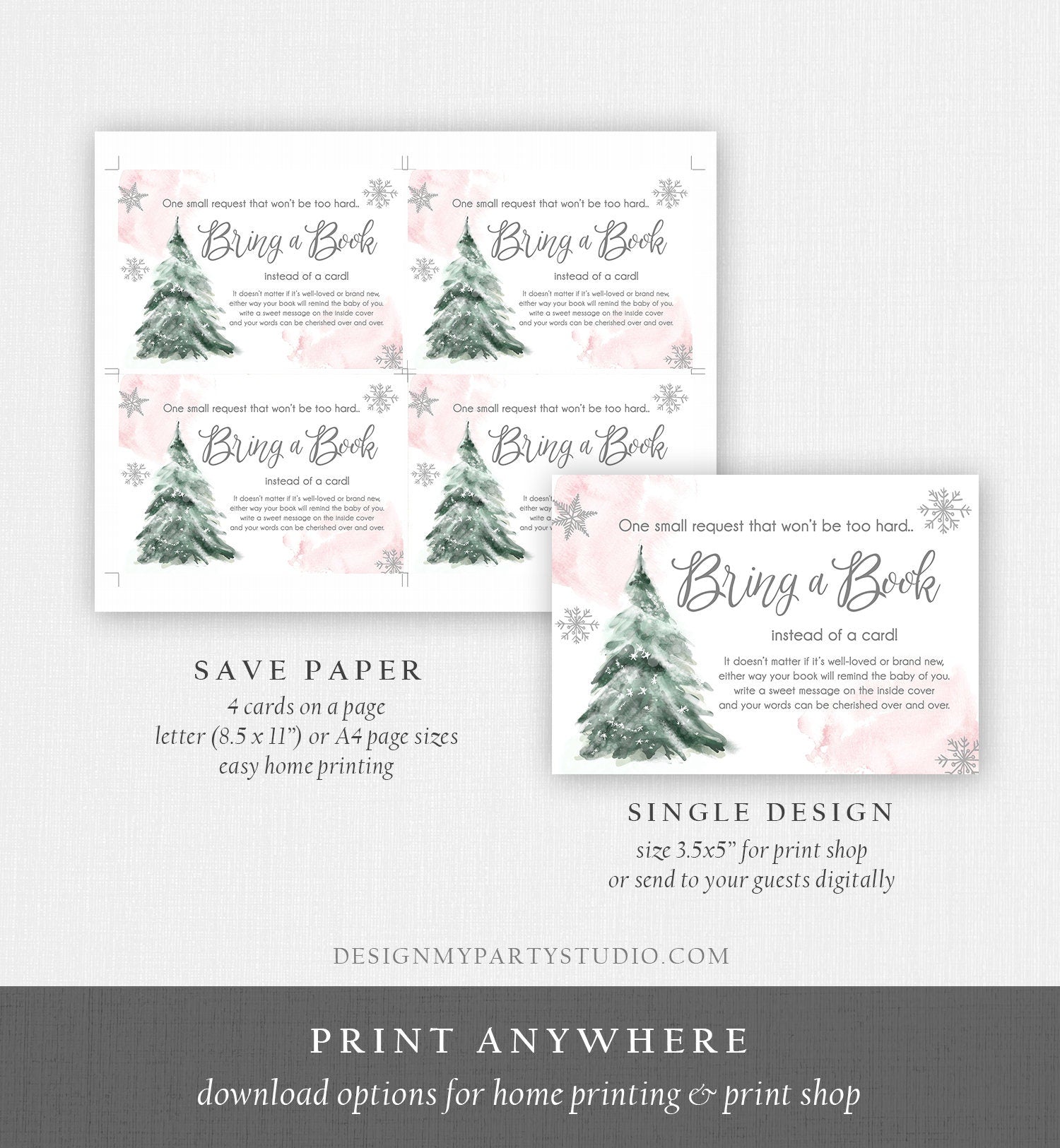 Editable Bring a Book Card Baby It's Cold Outside Baby Shower Winter Snow Girl Pink Watercolor Books Request Corjl Template Printable 0363