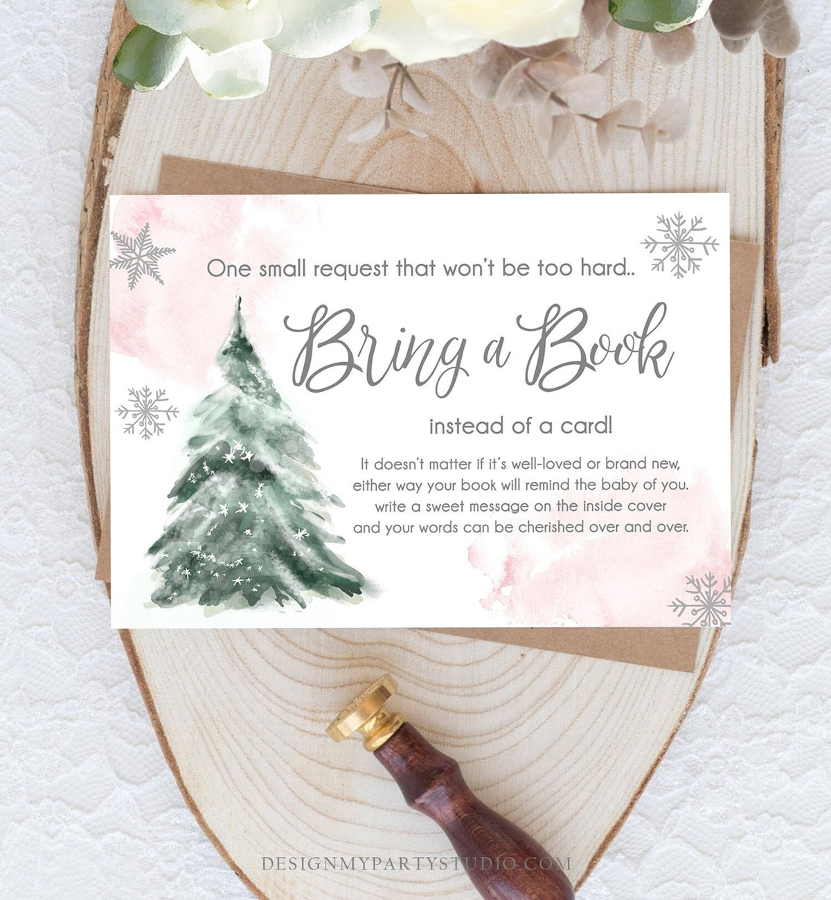 Editable Bring a Book Card Baby It&#39;s Cold Outside Baby Shower Winter Snow Girl Pink Watercolor Books Request Corjl Template Printable 0363