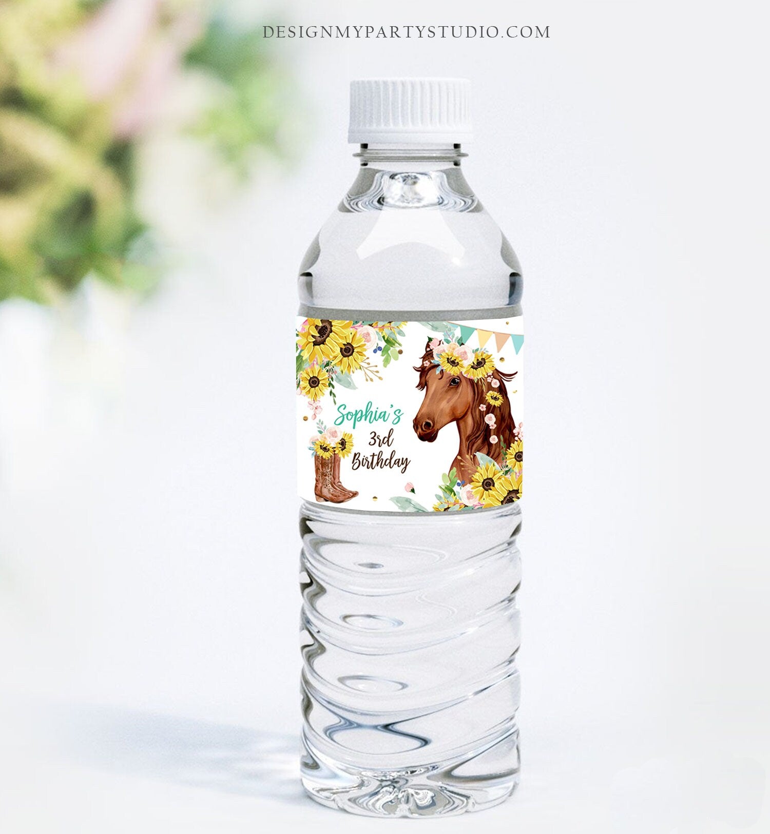 Editable Horse Water Bottle Labels Horse Birthday Decor Cowgirl Pony Party Saddle Up Sunflowers Printable Bottle Label Template Corjl 0408