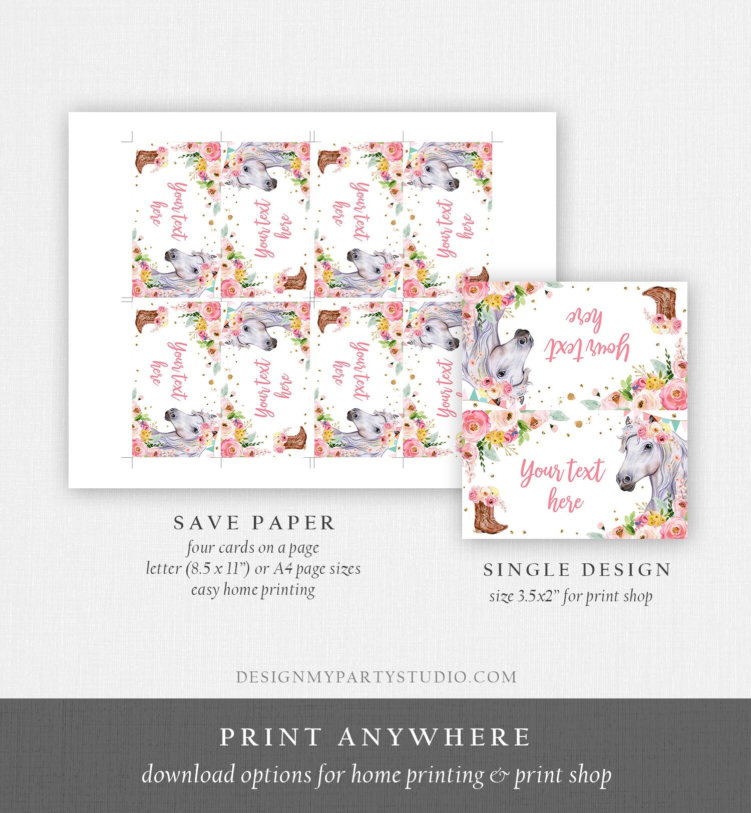 Editable Horse Birthday Food Tent Cards Horse Labels Cowgirl Party Place Cards Girl Pink Floral Pony Saddle Up Printable Template Corjl 0408