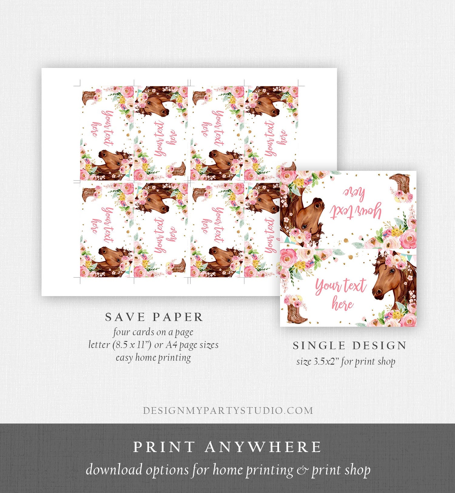 Editable Horse Birthday Food Tent Cards Horse Labels Cowgirl Party Place Cards Girl Pink Floral Pony Saddle Up Printable Template Corjl 0408