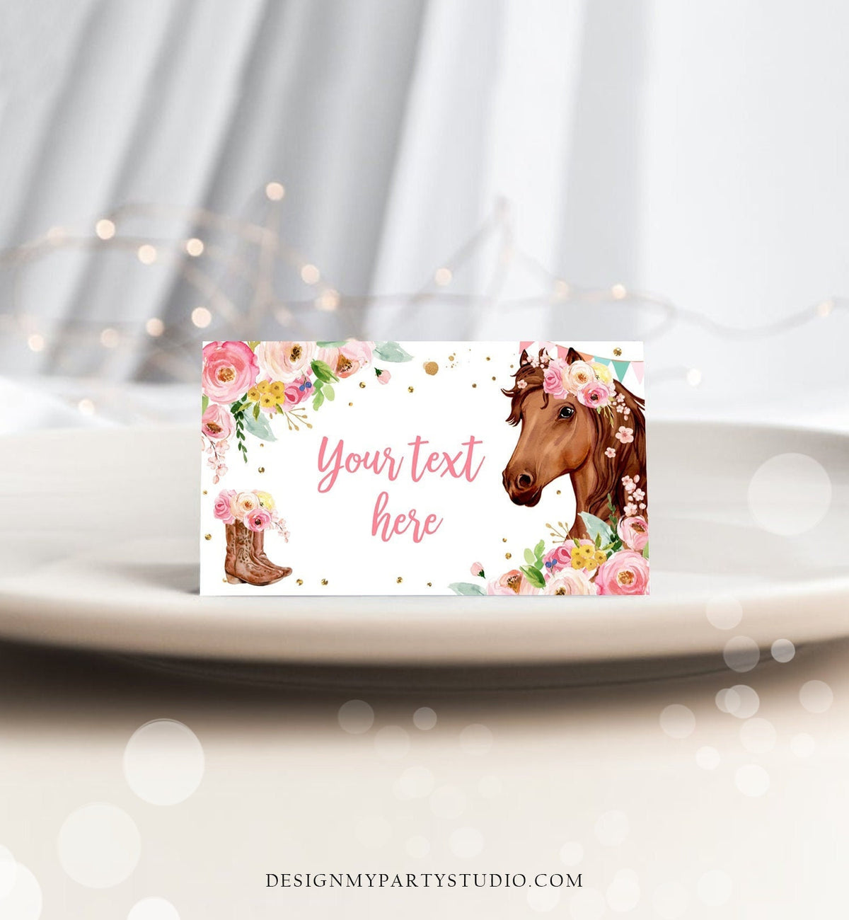 Editable Horse Birthday Food Tent Cards Horse Labels Cowgirl Party Place Cards Girl Pink Floral Pony Saddle Up Printable Template Corjl 0408