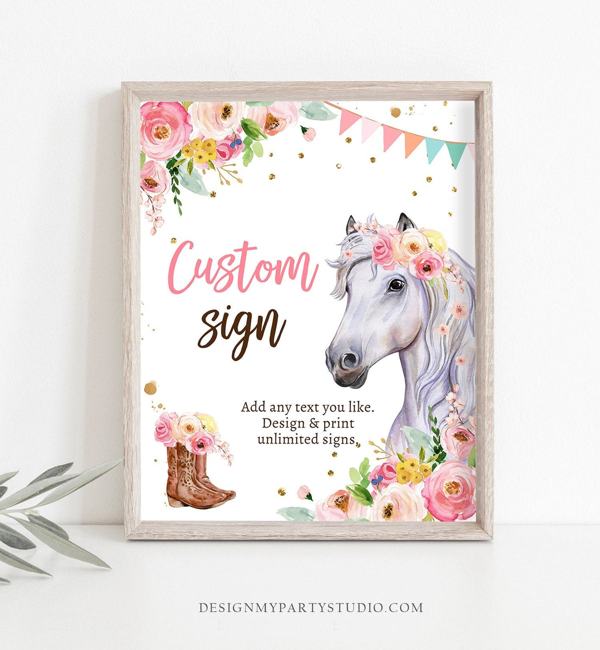 Editable Custom Horse Birthday Party Sign Saddle Up Cowgirl Party Sign Pink Horse Floral Girl Table Sign 8x10 Corjl Template Printable 0408