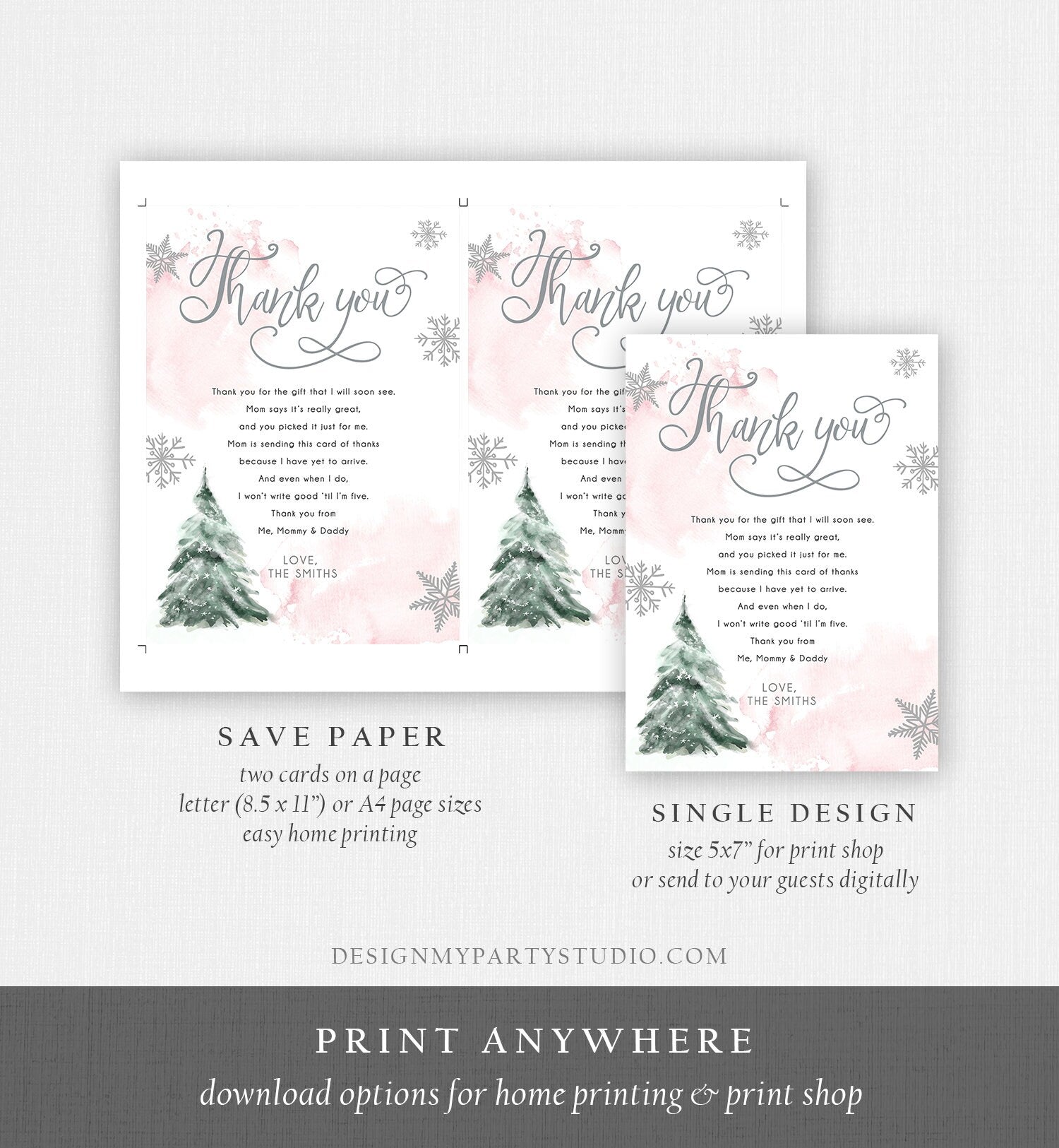 Editable Winter Tree Thank You Card Watercolor Baby Its Cold Outside Baby Shower Pink Girl Gender Neutral Snow Template Download Corjl 0363