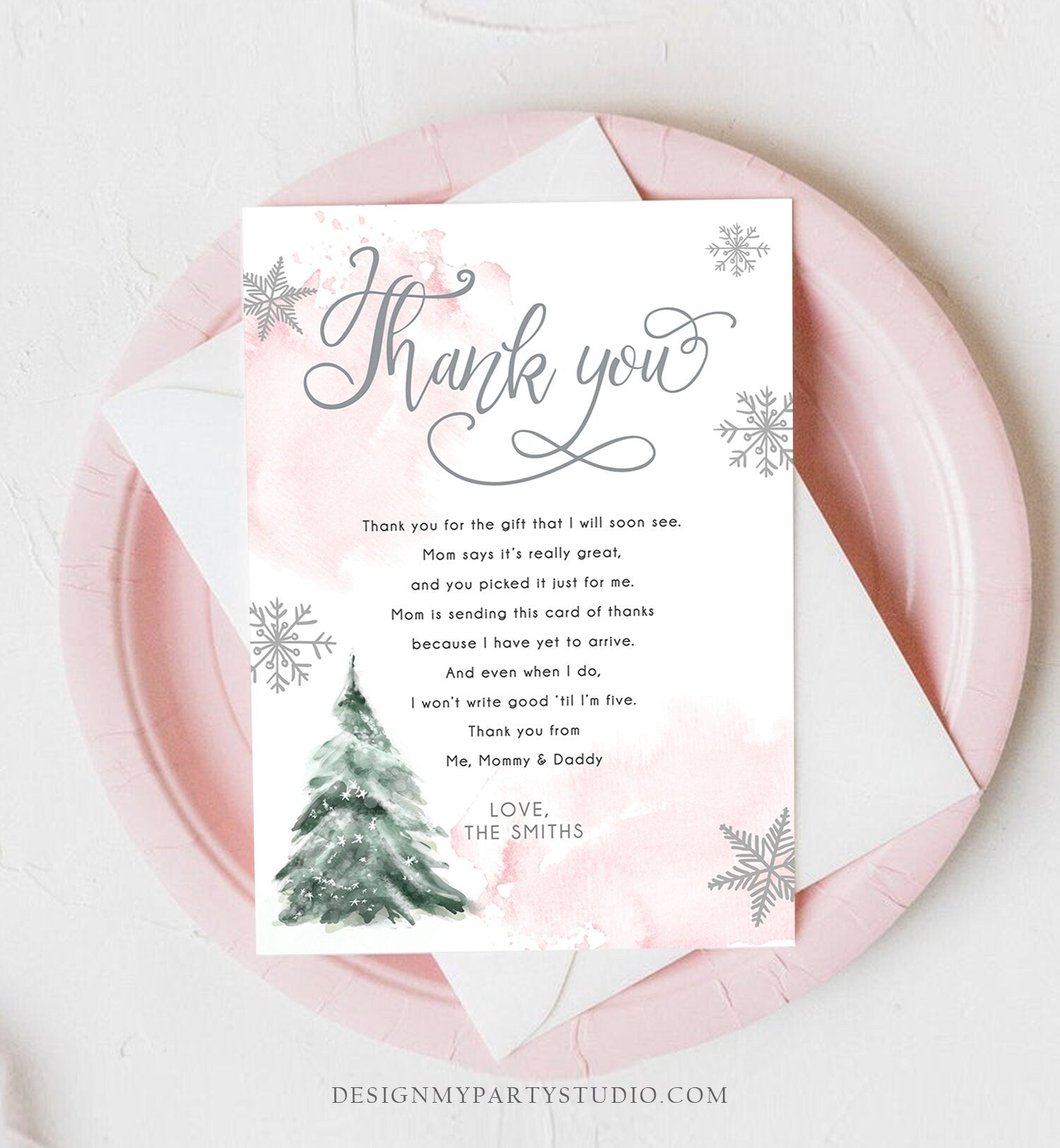 Editable Winter Tree Thank You Card Watercolor Baby Its Cold Outside Baby Shower Pink Girl Gender Neutral Snow Template Download Corjl 0363